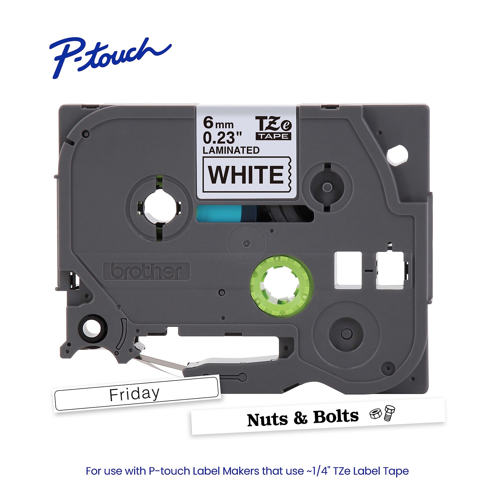 BROTHER P-TOUCH TZE211 LAMINATED LABEL TAPE, 1/4″ X 26.2 FT 6MM X 8M – WHITE