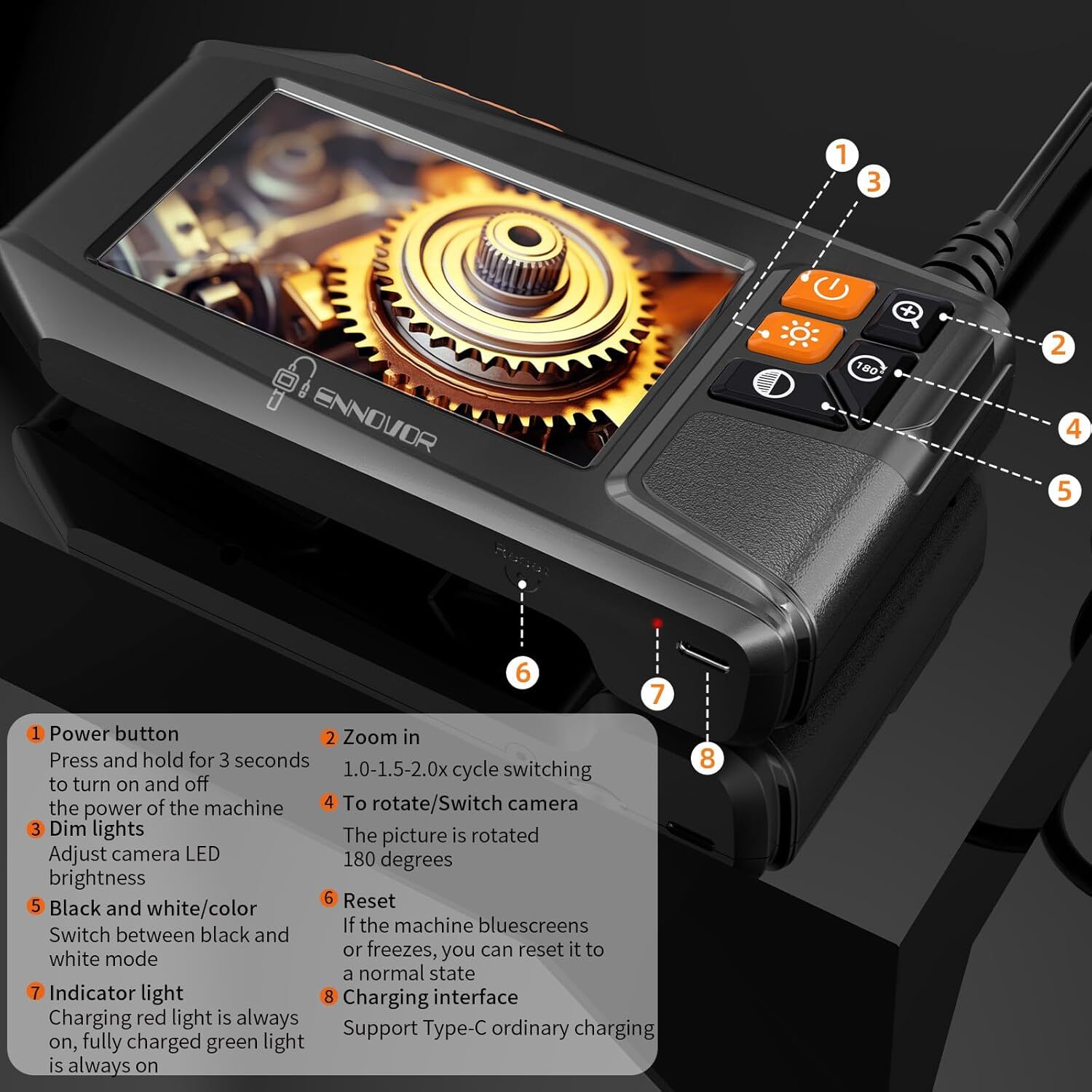 Industrial Borescope Camera – 8 Adjustable LEDs, Semi-Rigid Cable for Mechanics