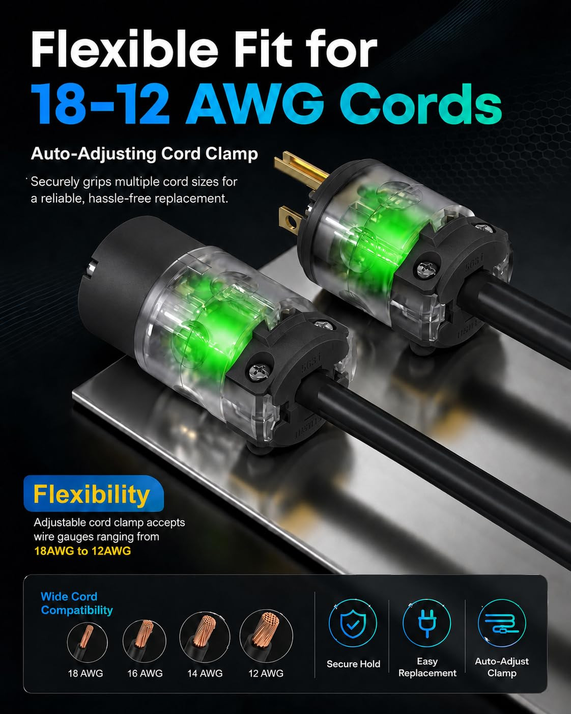 10 Set Lighted Extension Cord Ends, Straight Blade 20A 125V Grounding 2P 3W Repl