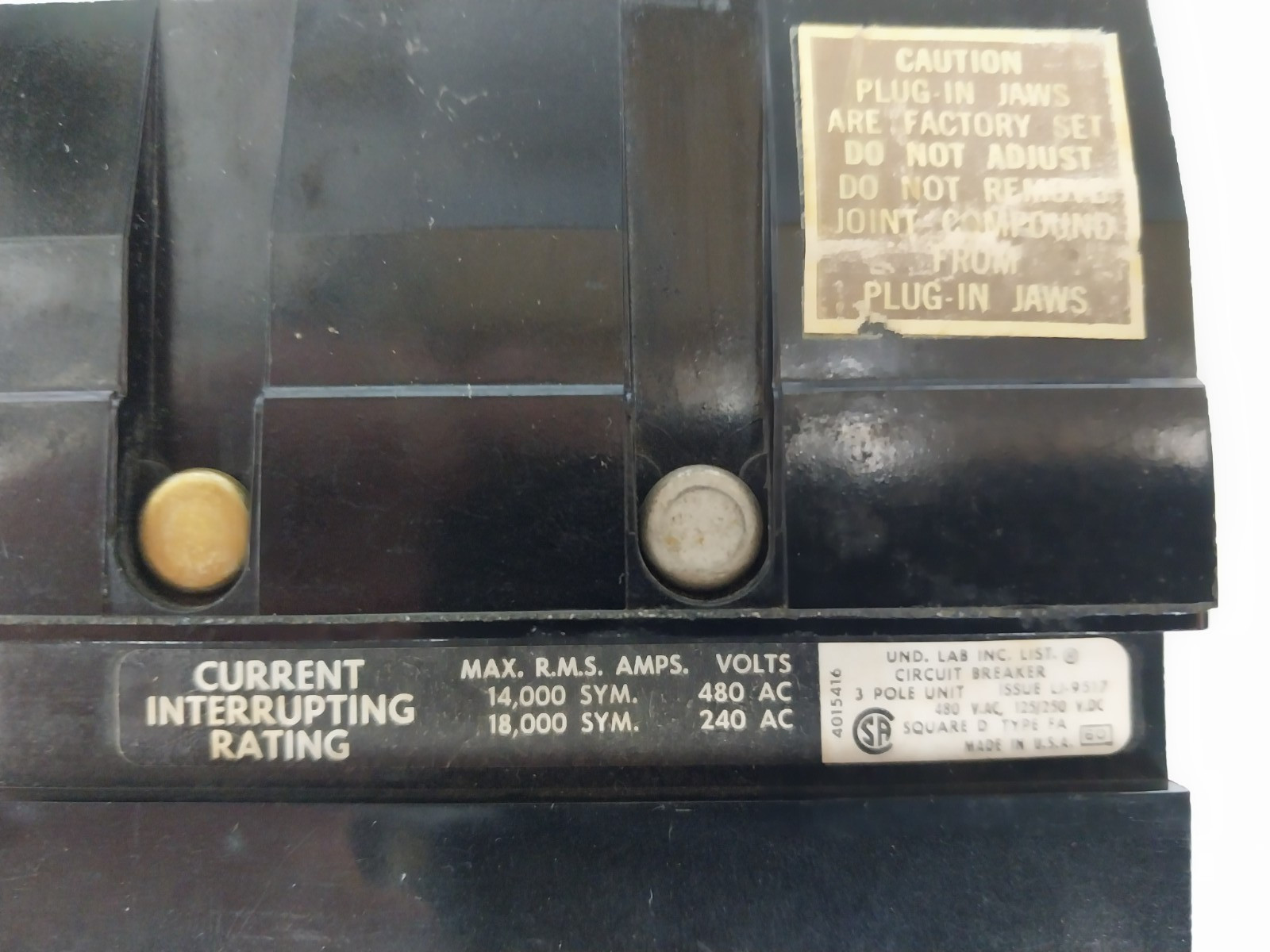 Square D 100 Amp I-Line Circuit Breaker 240/480 VAC 3 Pole FA34100