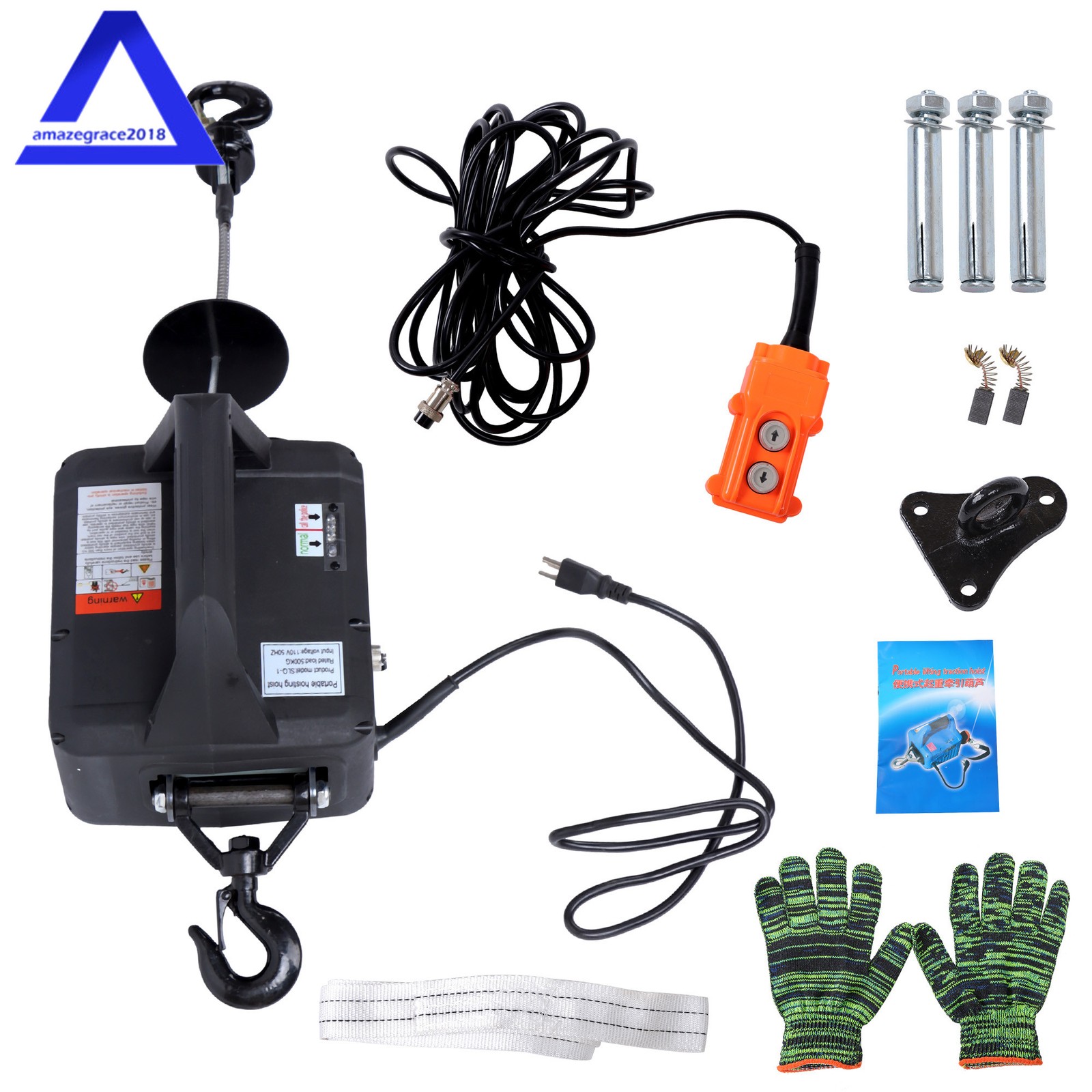 2-in-1 Portable Electric Hoist Power Winch 1100 lbs Wired Remote Control 1500W