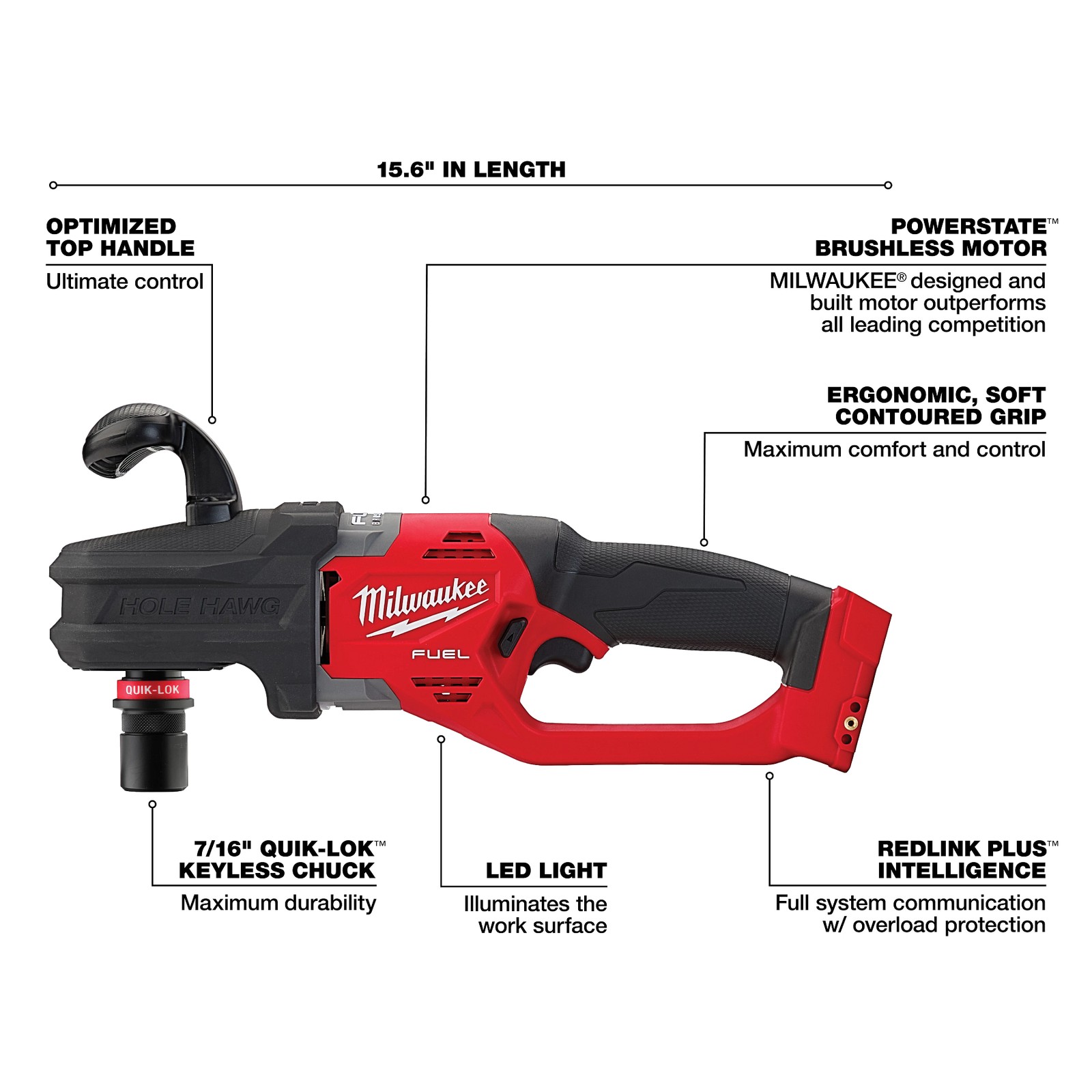 Milwaukee Tool 2808-20 M18 FUEL Hole Hawg Right Angle Drill W/QUIK-LOK Tool Only