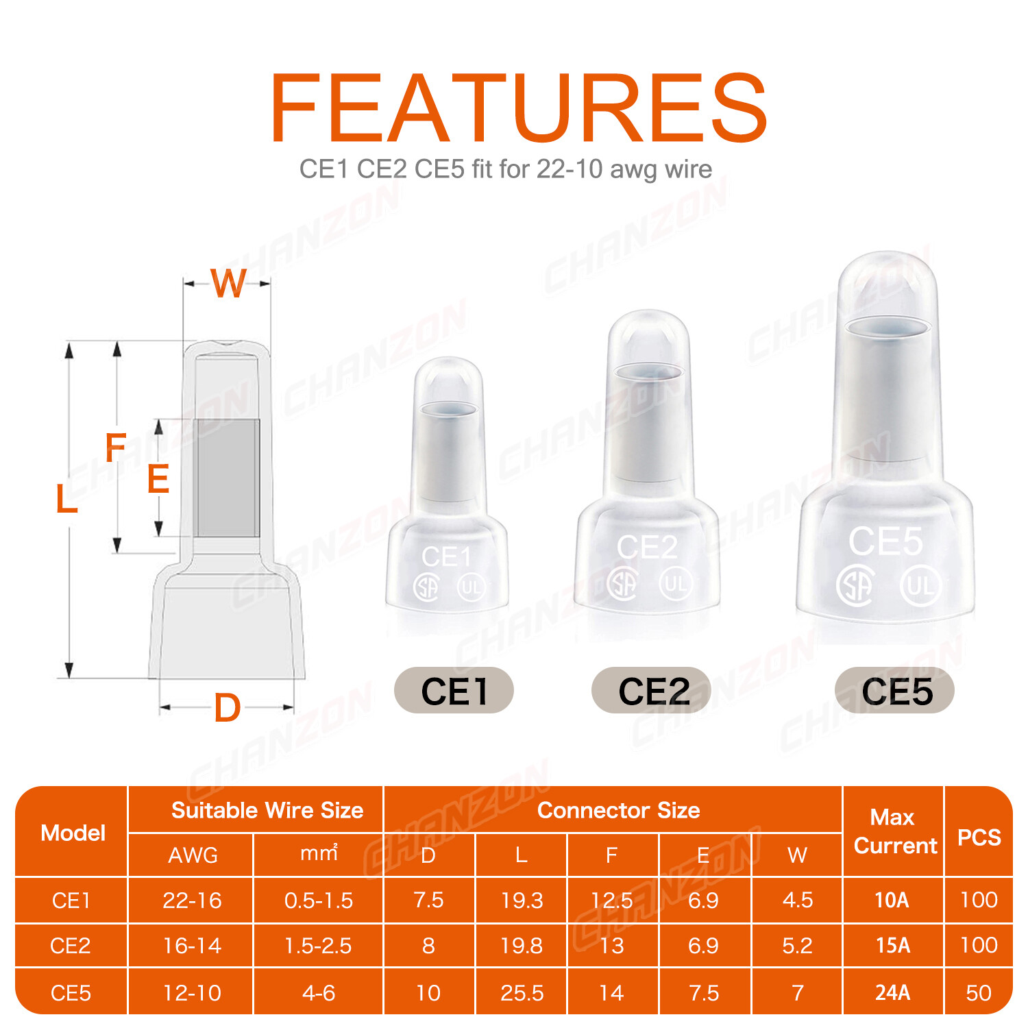 100PC CE1 CE2 CE5 Closed End Wire Crimp Cap Connector Insulated Terminal Kit