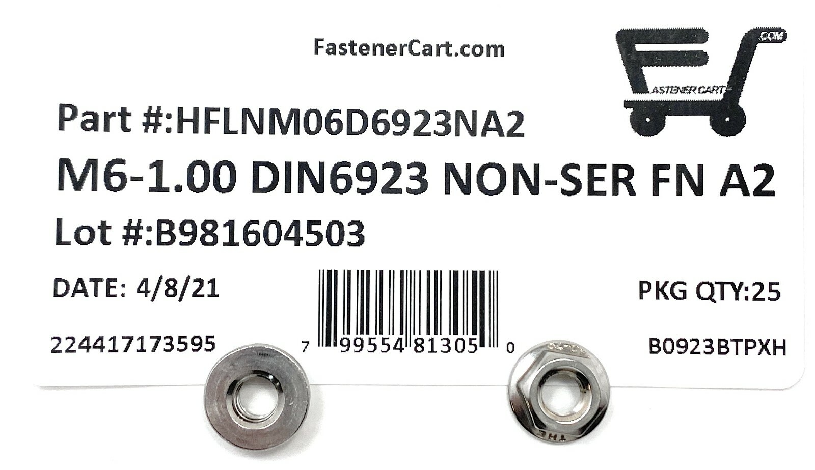 (25) M6 x 1.0 Stainless Steel Non-Serrated Flange Nuts DIN6923 Nuts M6-1.0 A2