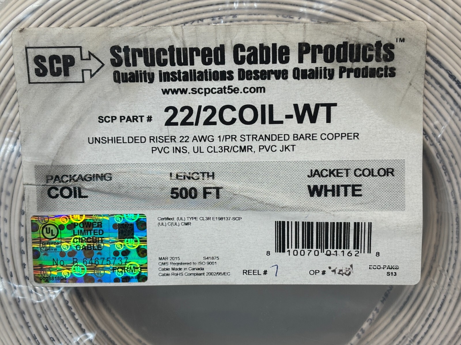 Structured Cable Products, SCP 22/2COIL-WT UNSHIELDED RISER 22 AWG 500ft – NEW!
