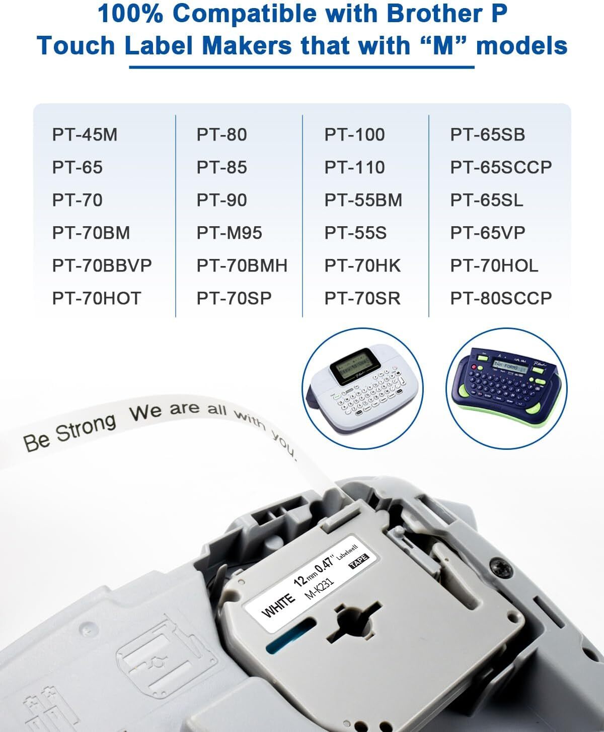 4-Pk/Pack Label Tape for Brother P-Touch eqv M231 M-K231 MK231 12mm Black/White
