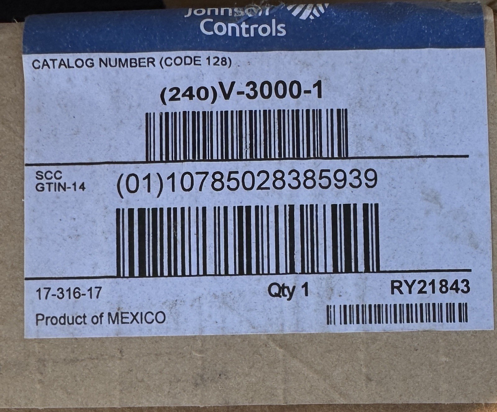 JOHNSON CONTROLS V-3000-1 / V30001 (NEW IN BOX) Old Stock RY21843