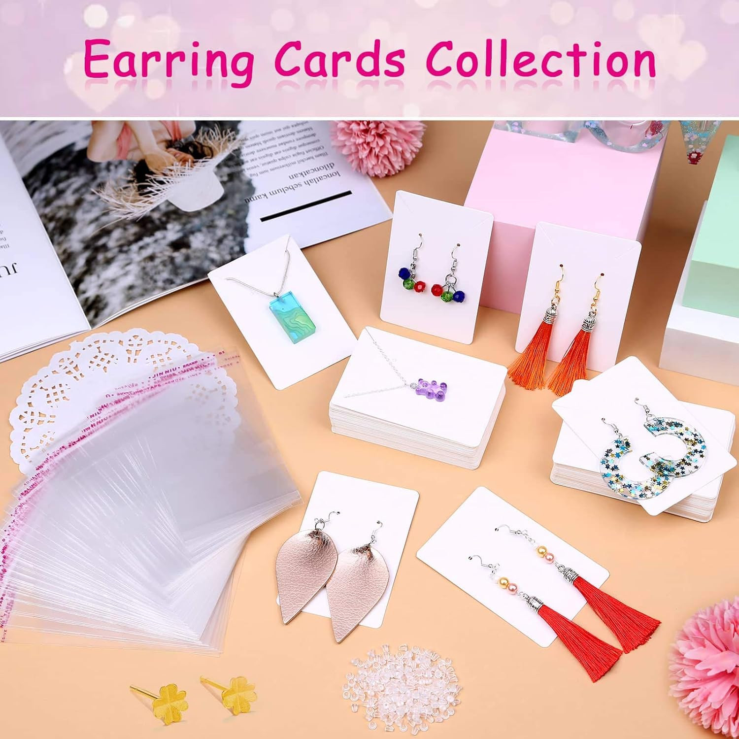 White Earring Packaging Kit – 400 Pcs with Display Cards, Self-Sealing Bags, Ear