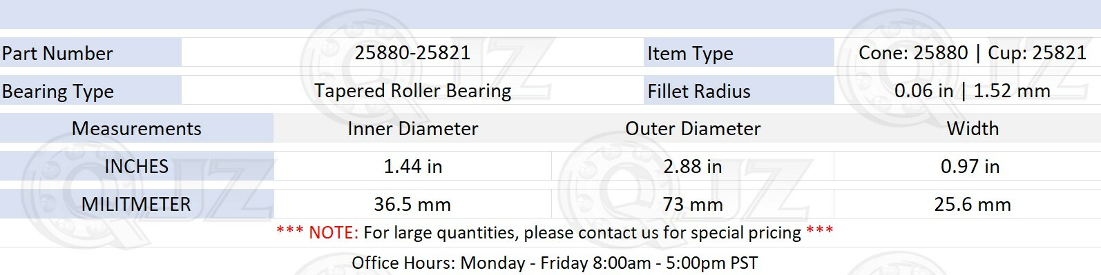[1-Pack] 25880-25821 Tapered Roller Bearing Set 1.44″ x 2.88″ x 0.97″ (IDxODxW)
