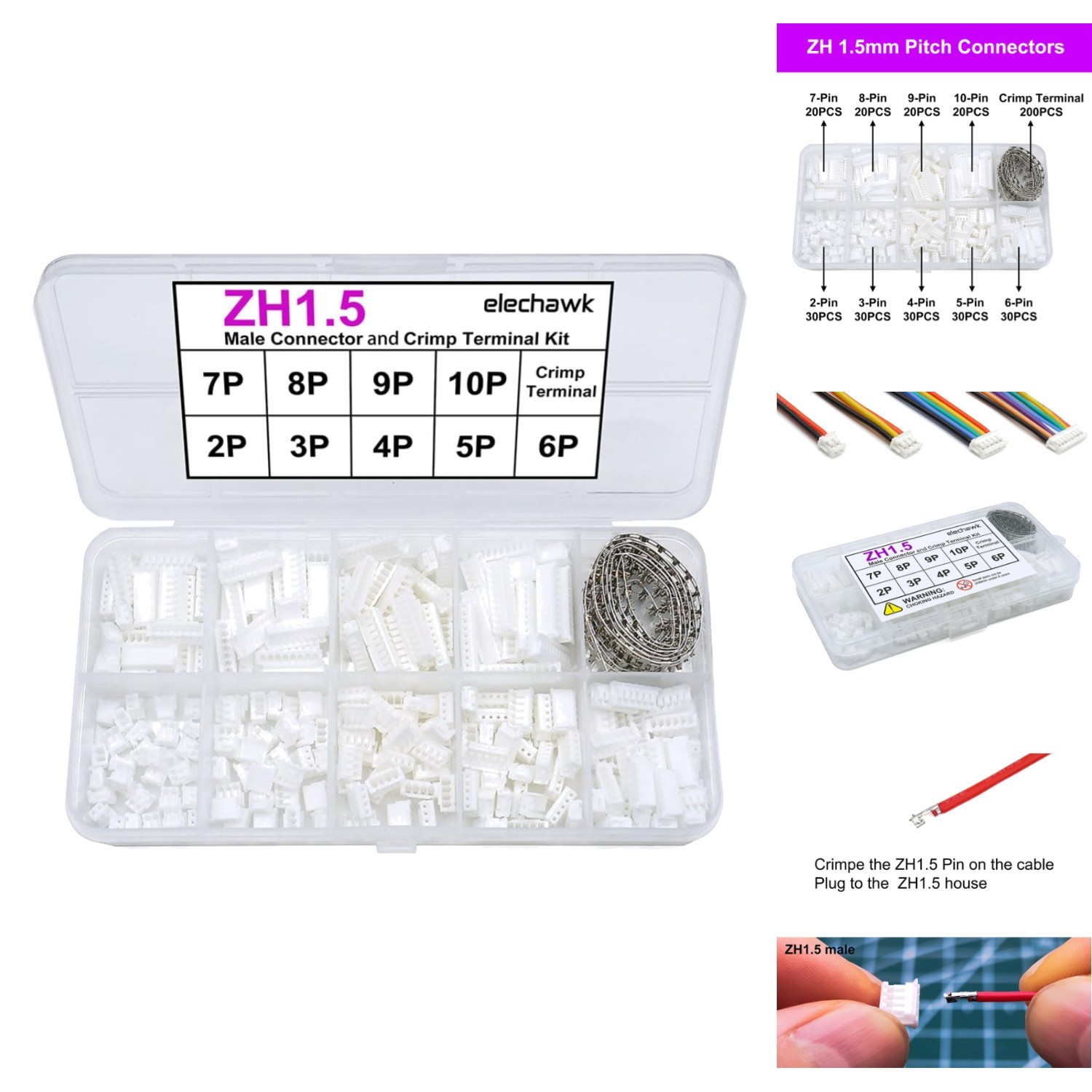 JST ZH 1.5mm Connector Crimp Terminal Housing Kit 2 3 4 5 6 7 8 9 10 Pin 200Pcs