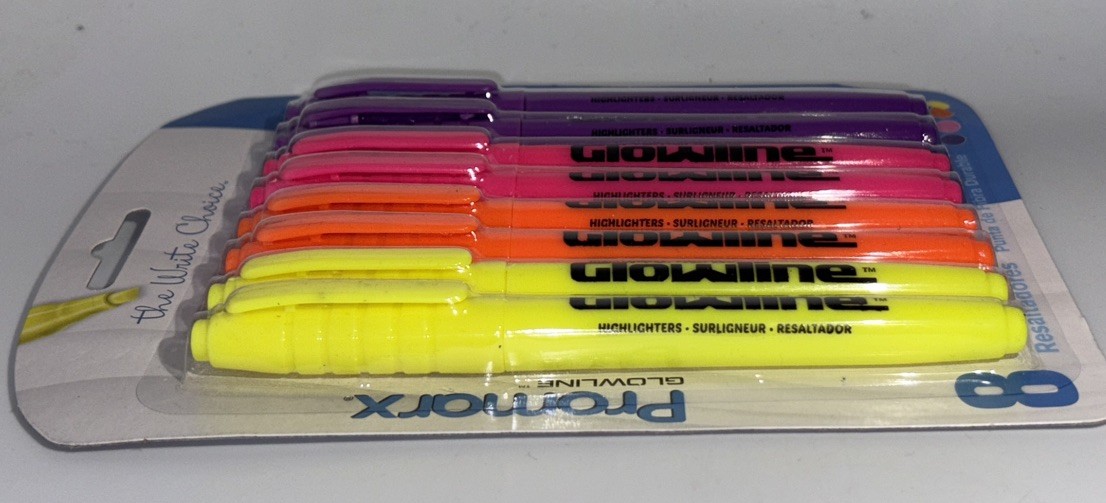 Promarx Glowline 1pk 8pcs MultiColor Durable Fiber Tip Highlighters-NEW-SHIP24HR