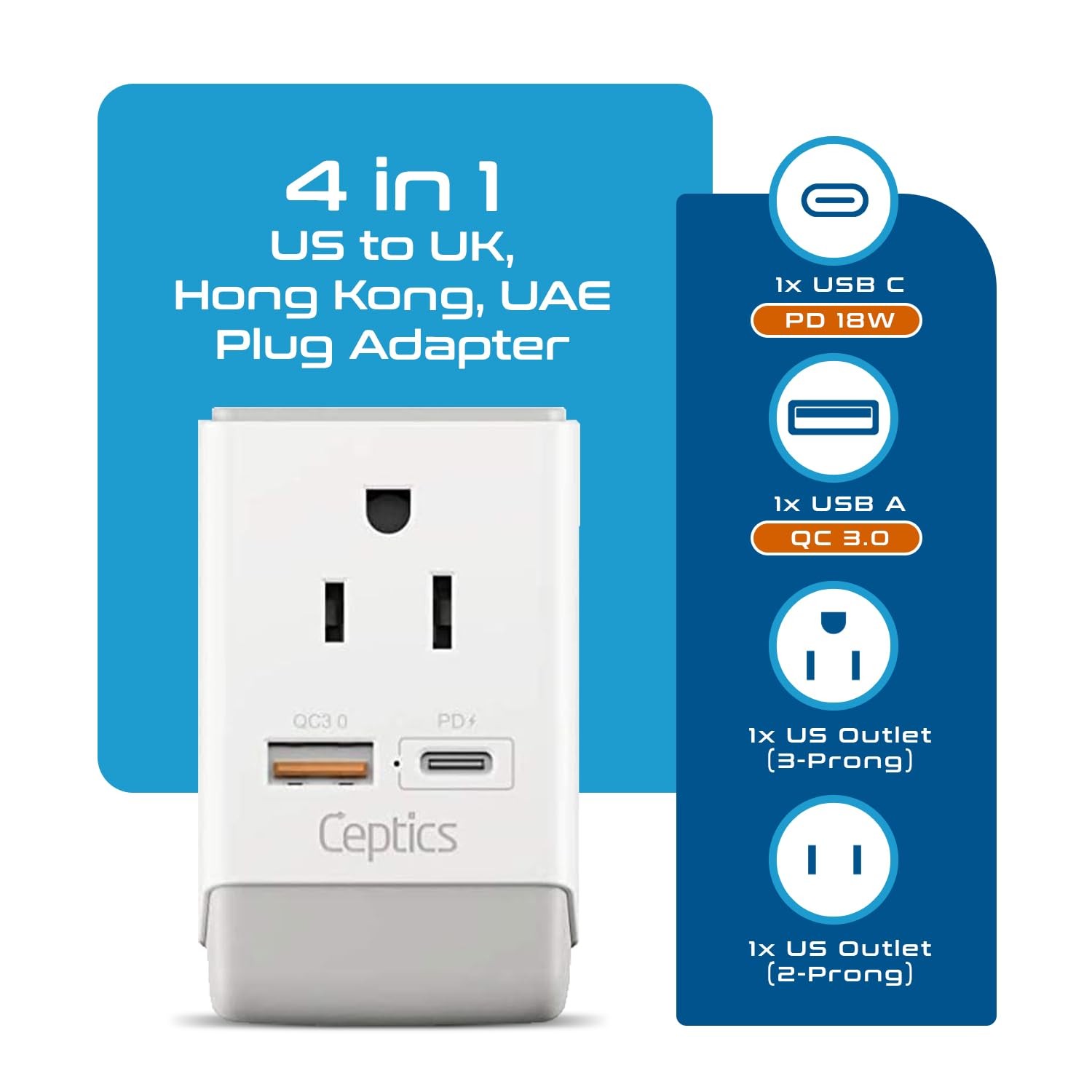 UK Ireland Hong Kong Plug Adapter, International Power Plug with USB & USB-C …