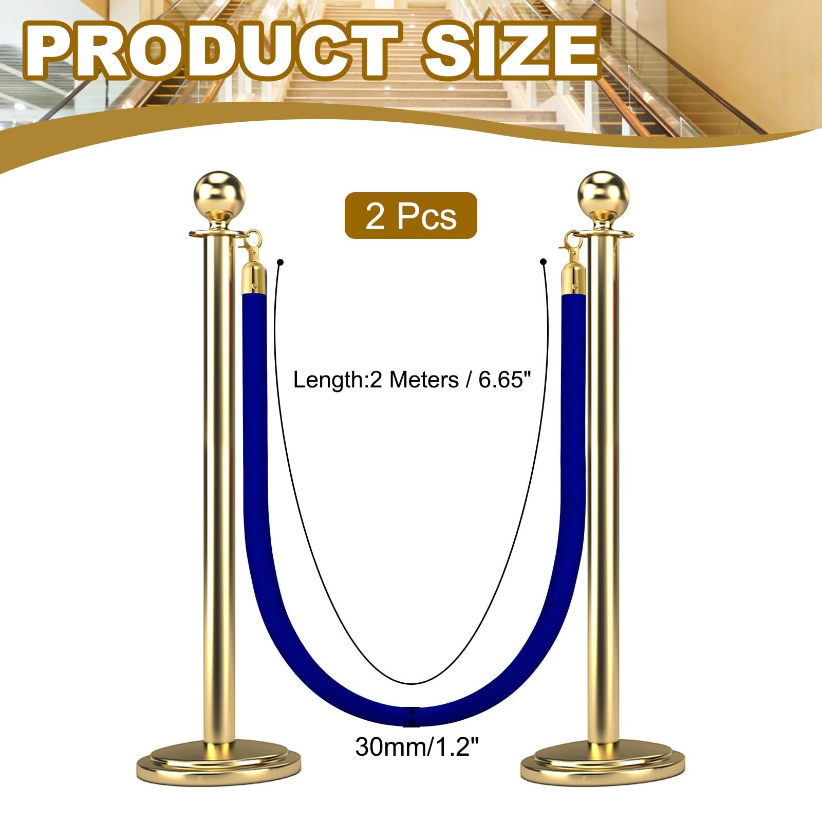 2 Pack Velvet Stanchion Rope 6.6 Ft 2 M Blue Golden Snap Hooks Crowd Control