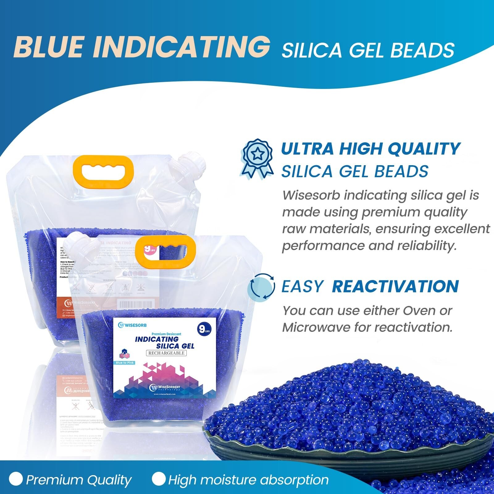 Net 9lb Blue Indicating Silica Gel Beads Desiccants (Industry Standard 3-5 mm)