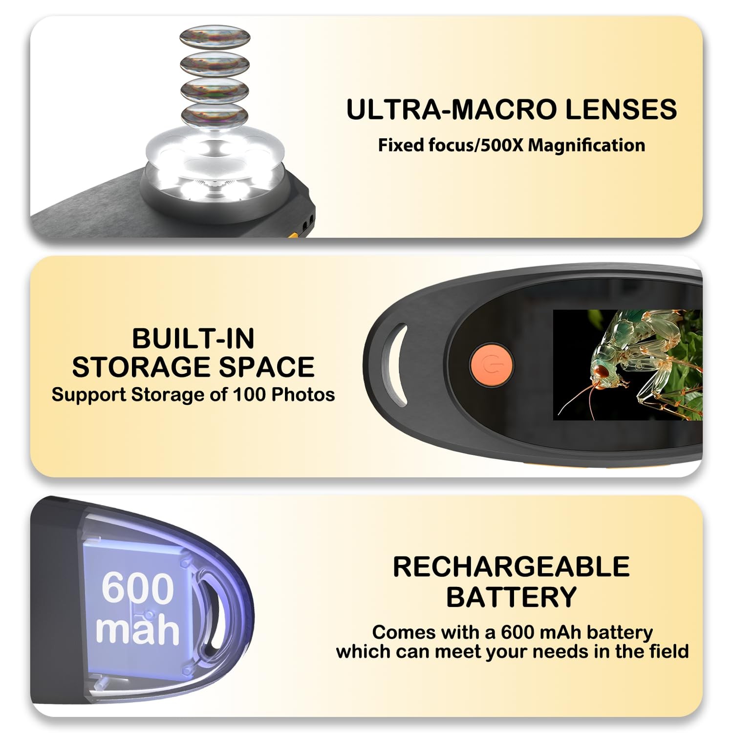 Handheld Digital Microscope with 2.0 Inch IPS Color Screen, Portable Magnifying