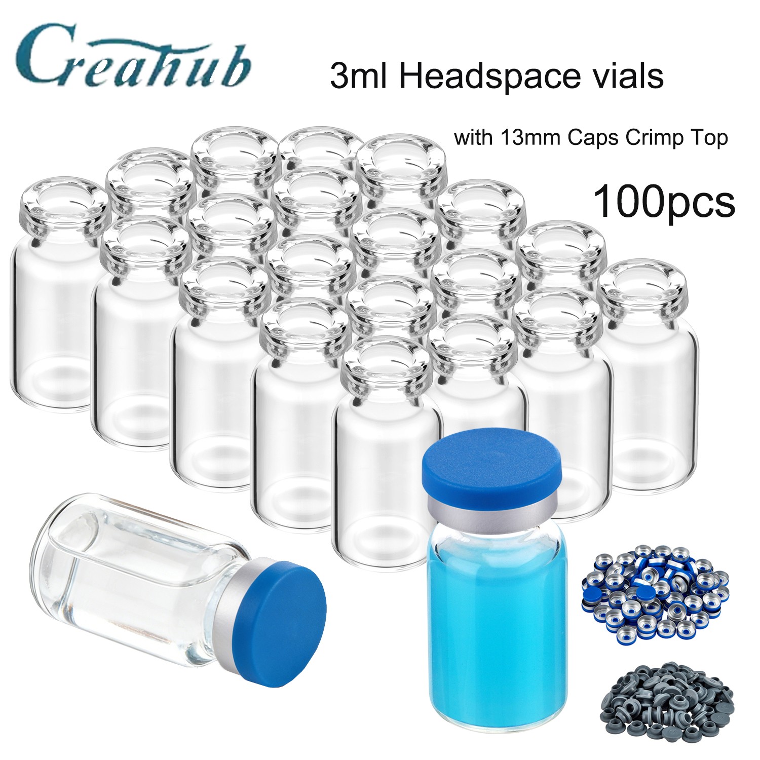 100PCS 3ml Glass Vials Headspace Vials Clear Lab Vials w/ Caps 13mm Crimp Top