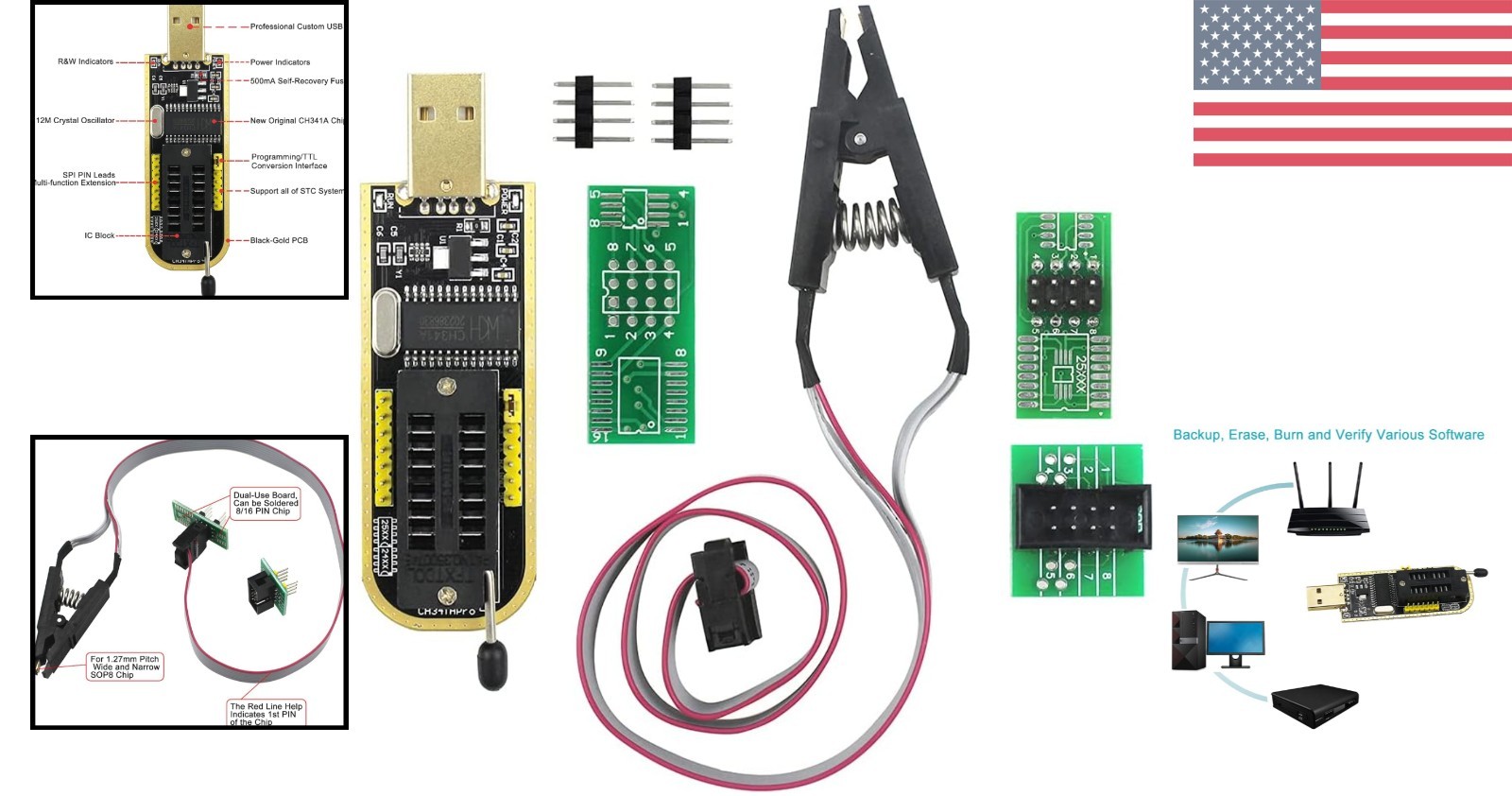 In-Circuit SOIC8 Clip & CH341A USB Programmer with PDF Tutorial Included