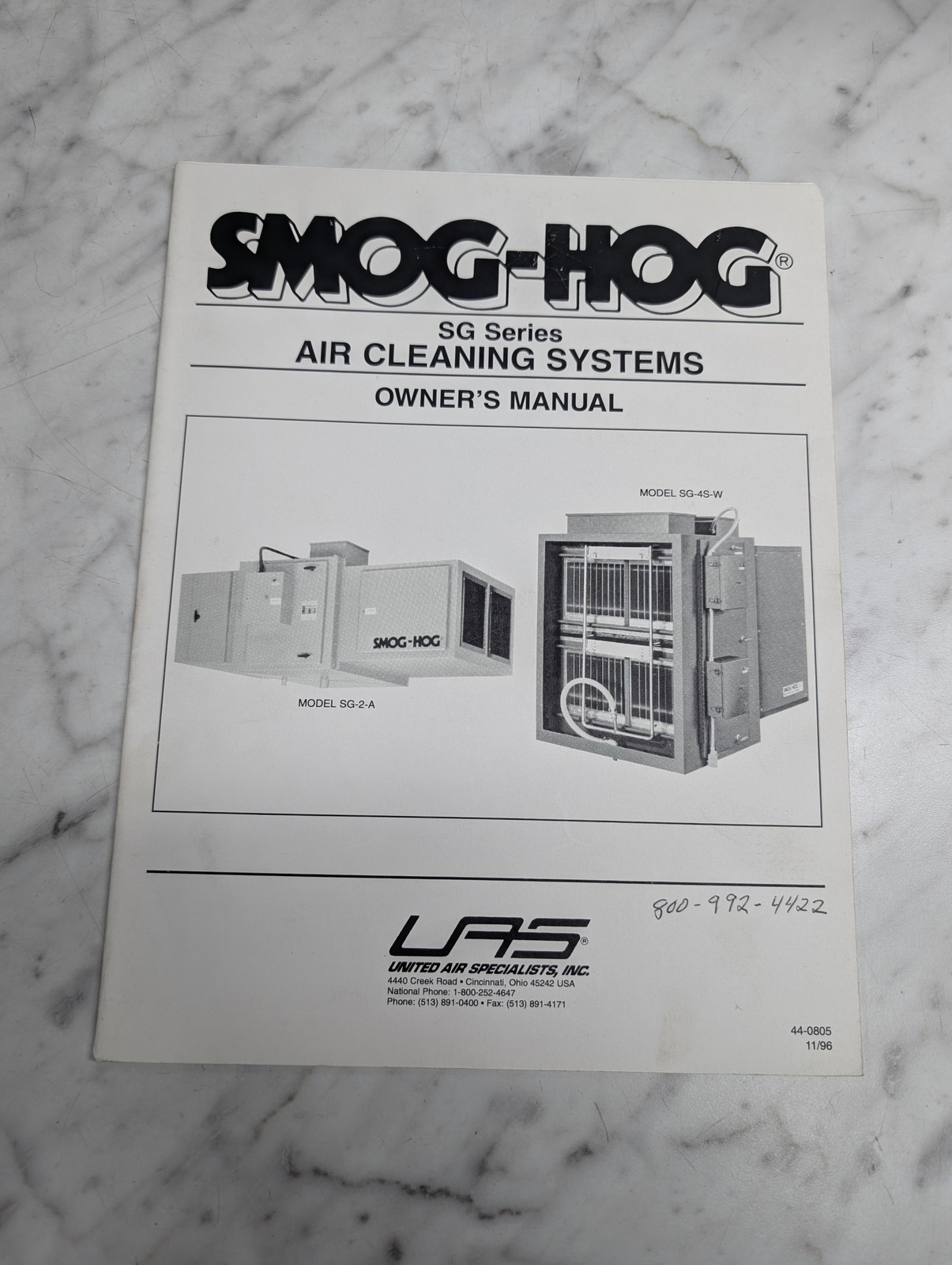 SMOG-HOG SG SERIES AIR CLEANING SYSTEMS OWNERS OPERATION INFORMATION MANUAL 1996