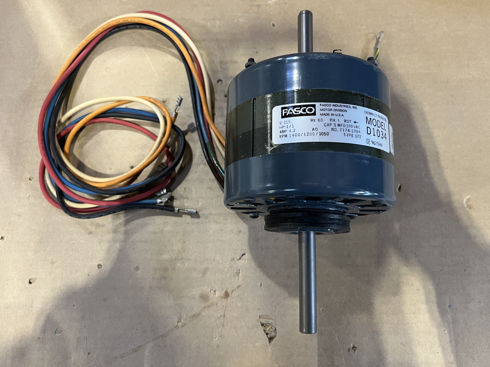 Fasco D1034 Permanent Split Capacitor Motor 1/5 HP 1400 1200 1000 RPM 115Volts
