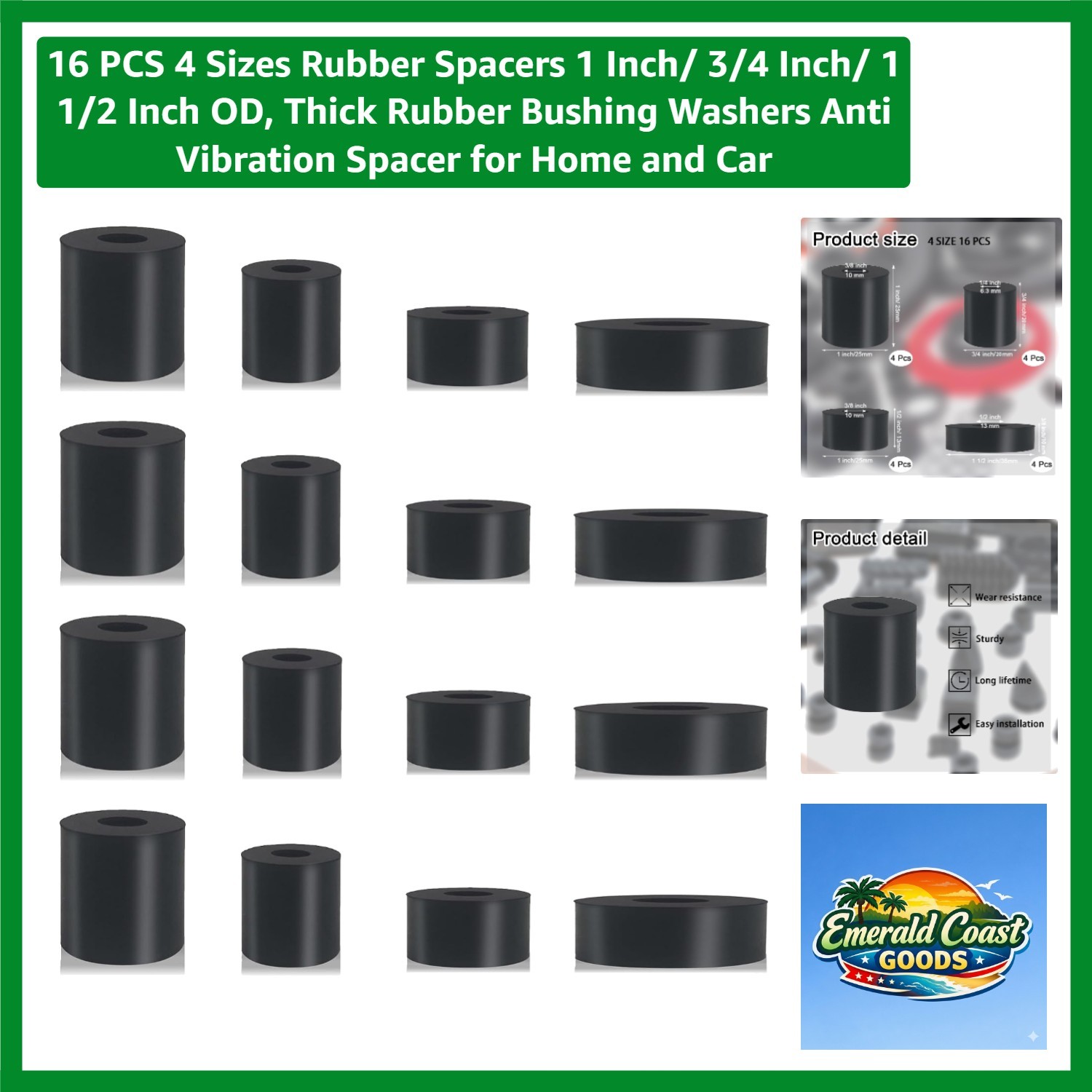 16 PCS 4 Sizes Rubber Spacers 1 Inch/ 3/4 Inch/ 1 1/2 Inch OD, Thick Rubber B…