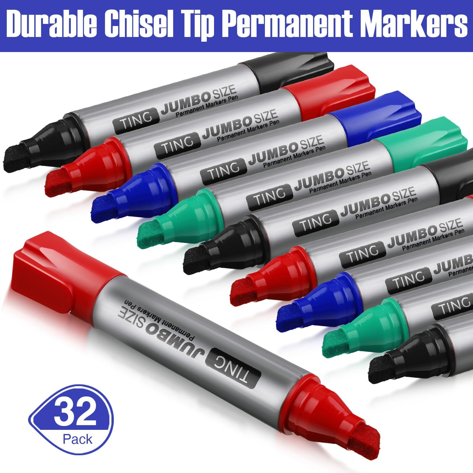 32 Pcs Jumbo Permanent Markers Chisel Tip Waterproof Black Blue Green Red