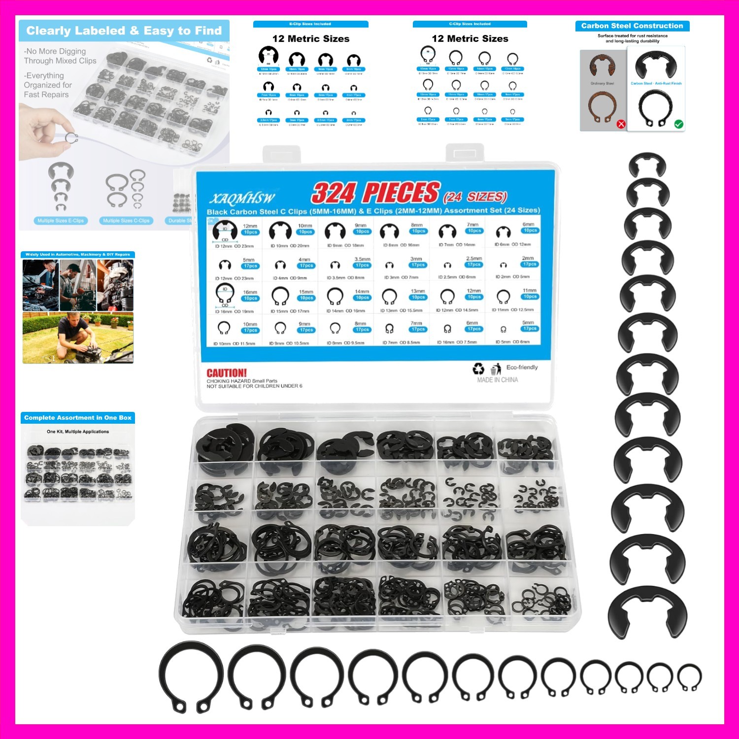 324Pcs C Clips & E Clips Assortment Kit, 24 Sizes C Clip 5mm–16mm & E Clip 2m…