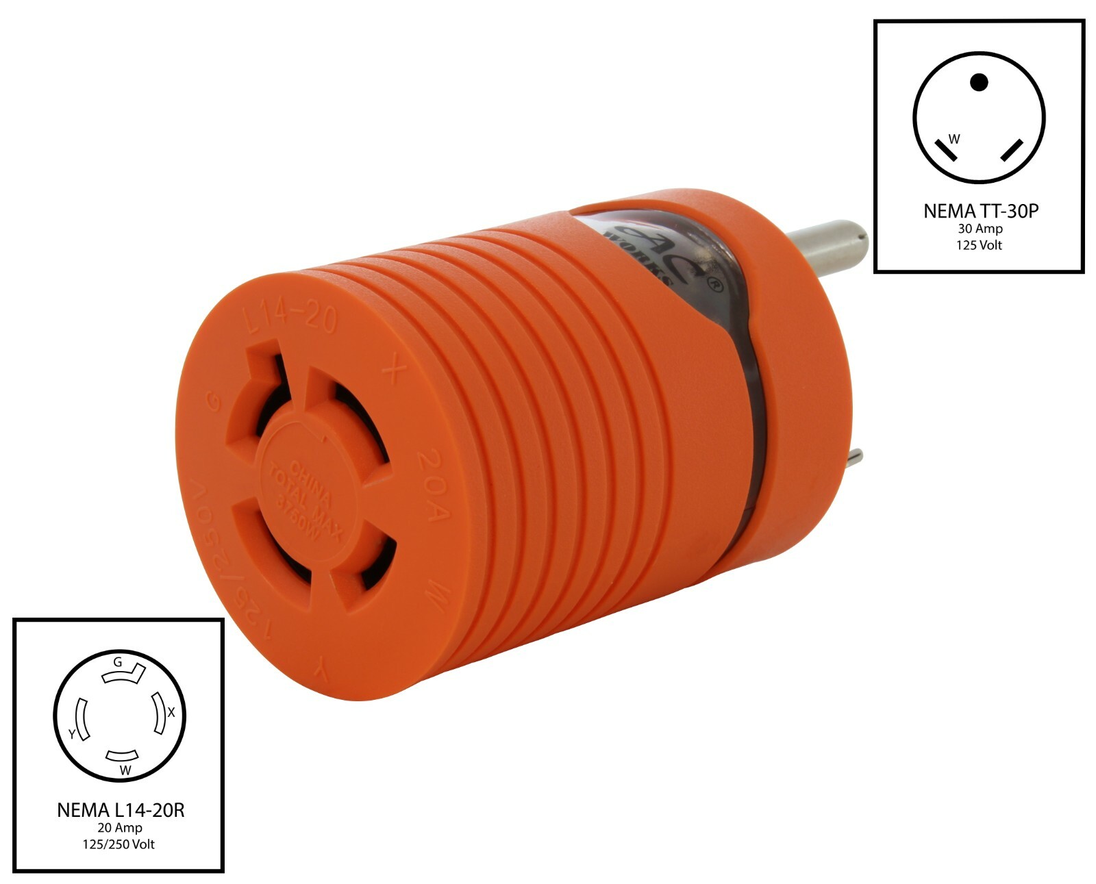 30A 125V NEMA TT-30 Male Plug to 20A 125/250V NEMA L14-20 Female Adapter