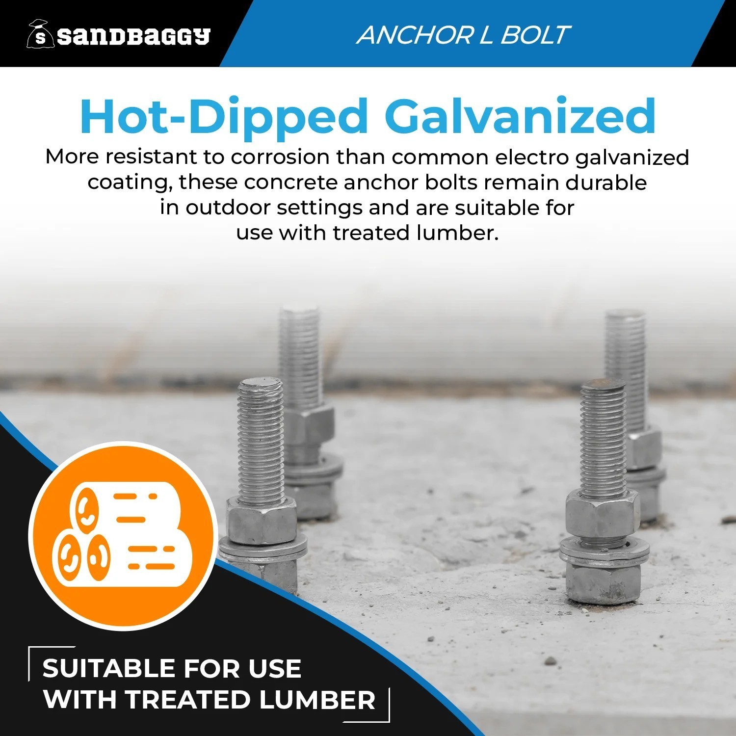 Sandbaggy 1/2″ x 18″ Threaded Concrete Anchor L-Bolts – Hot Dipped Galvanized