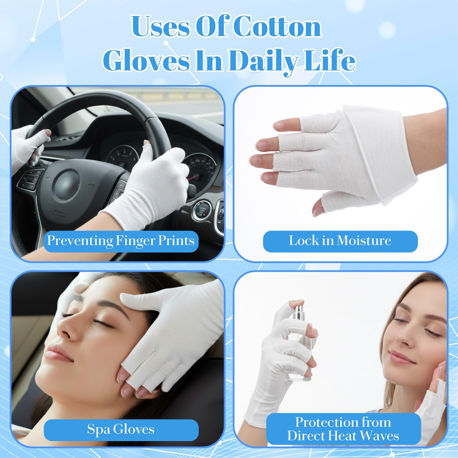 3 Pairs White Moisturizing Gloves – Fingerless Design Cotton Gloves for Dry H…