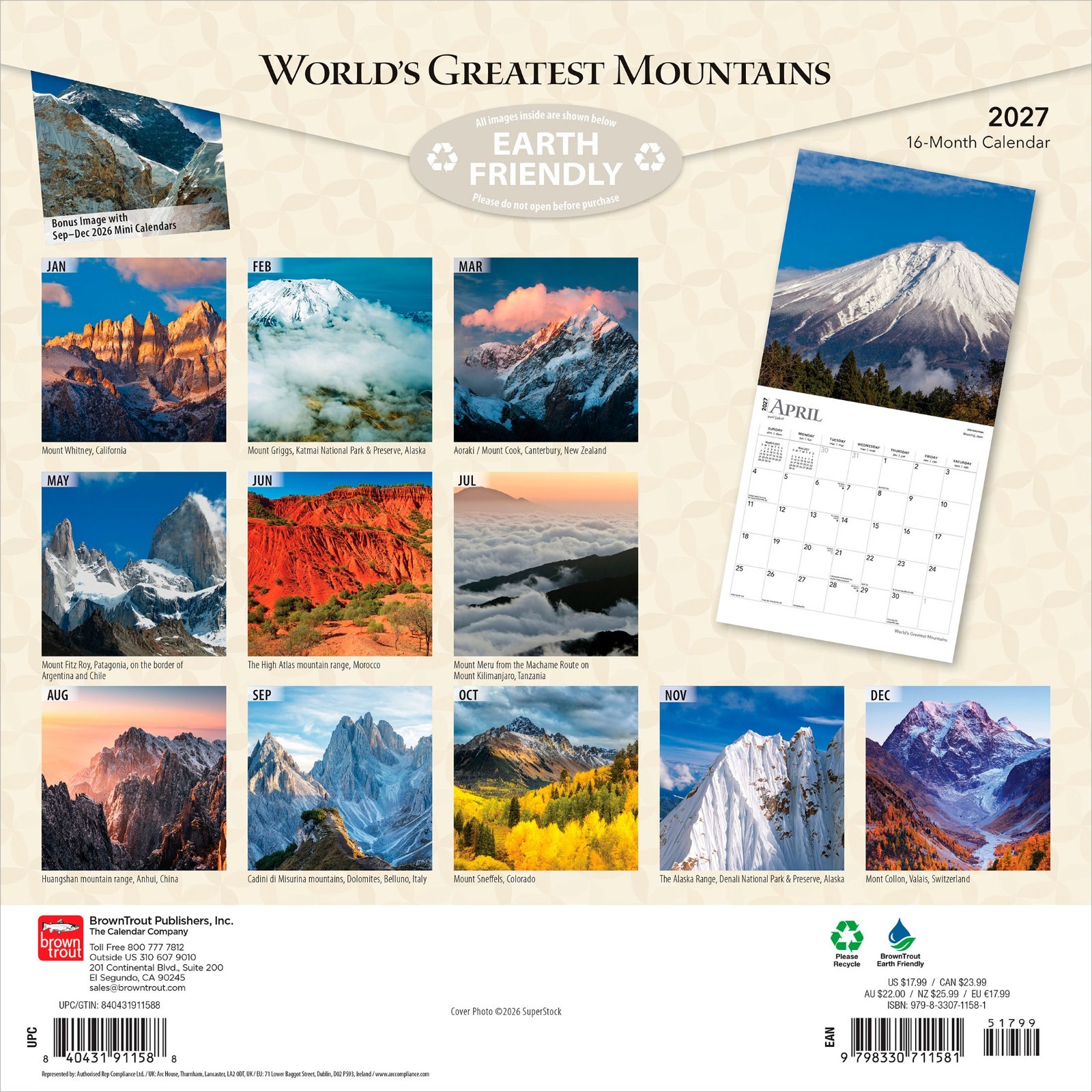 World’s Greatest Mountains | 2027 12×24″ (Hanging) Monthly Wall Calendar