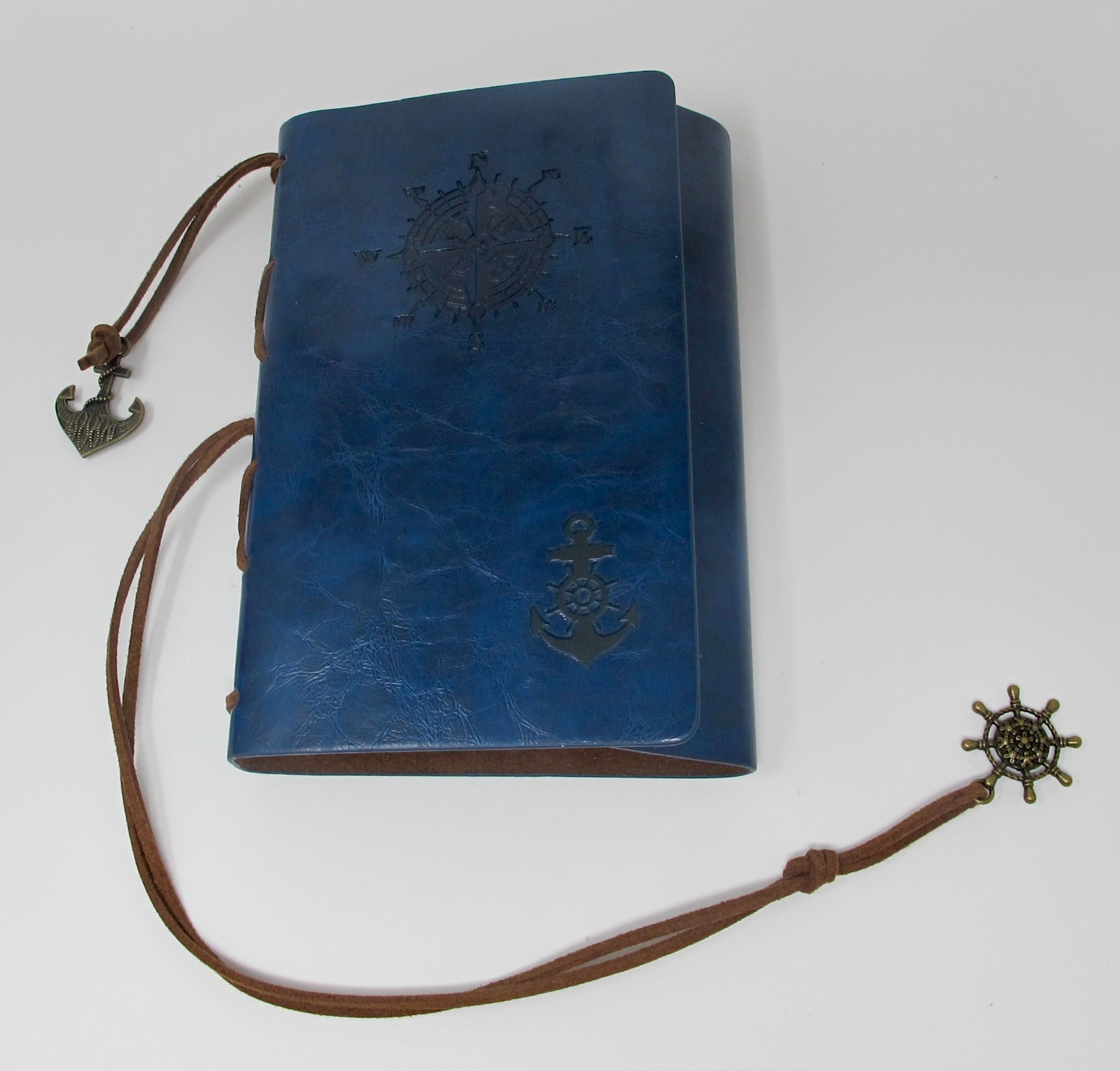 Blank Travel Journal With Dark Blue Leather Covers & Ship Charms