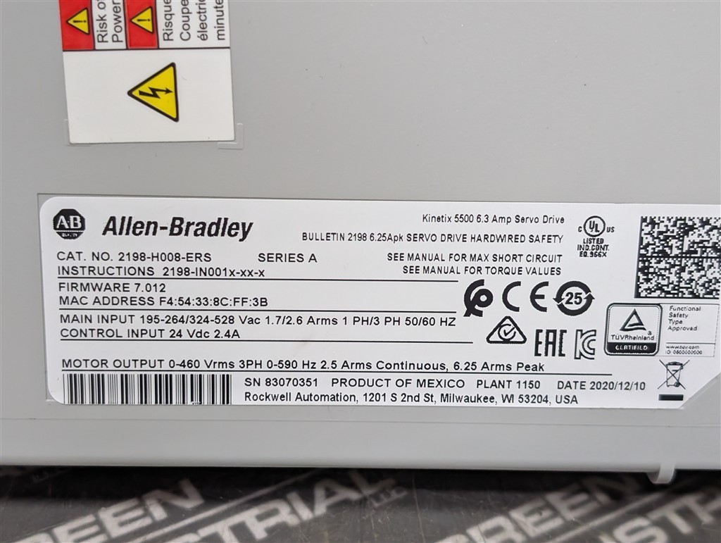 USED Allen Bradley 2198-H008-ERS Kinetix 5500 Servo Drive Module 6.3A FW 7.012