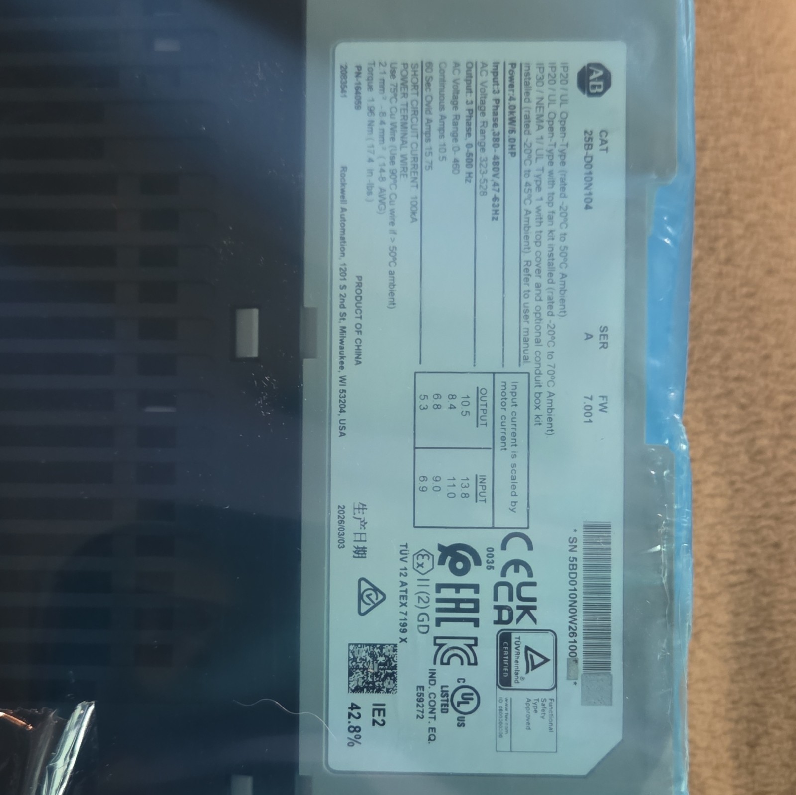 25B-D010N104 AB PowerFlex 525 AC Drive 480V/10.5A/5.0HP free tax New In Box！ZYGJ