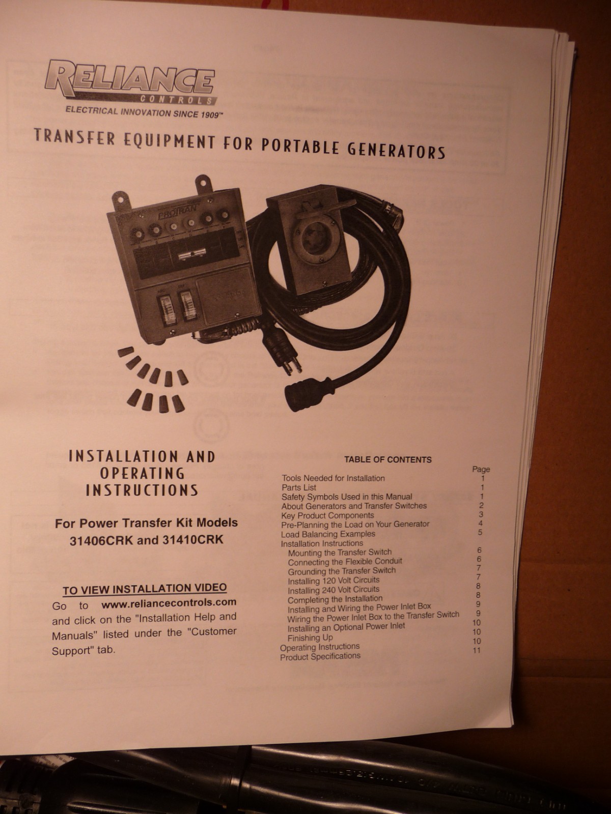 Reliance Controls Corporation 31406CWK 30 Amp 6-circuit Pro/Transfer Switch Kit