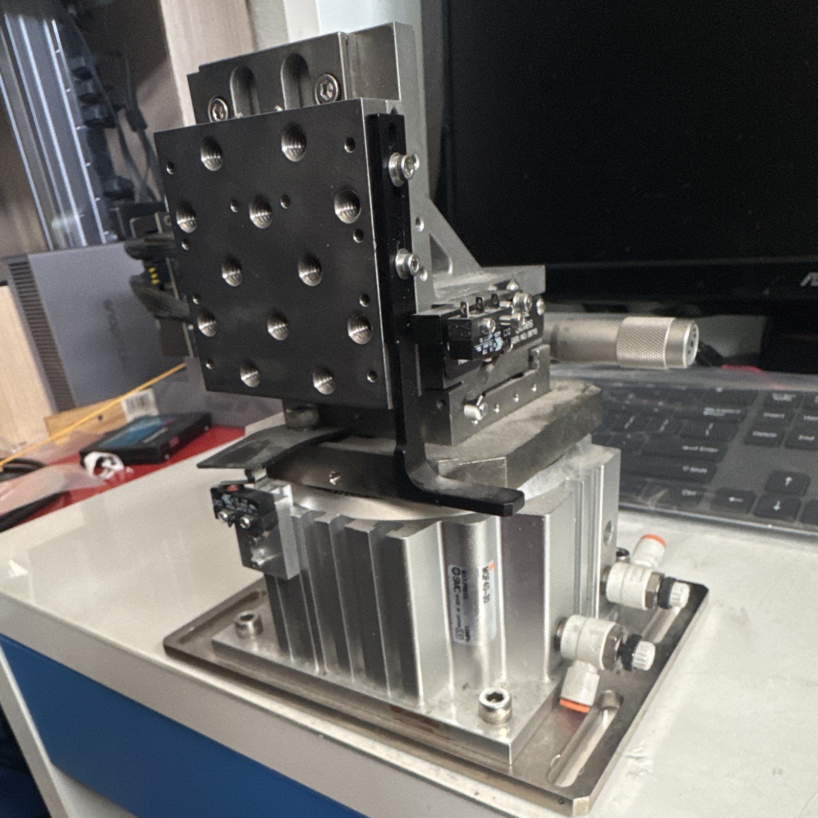 Newport 462 Dual-Axis Tilt Stage w/ 2 Micrometers & SMC MGF40-30 Cylinder
