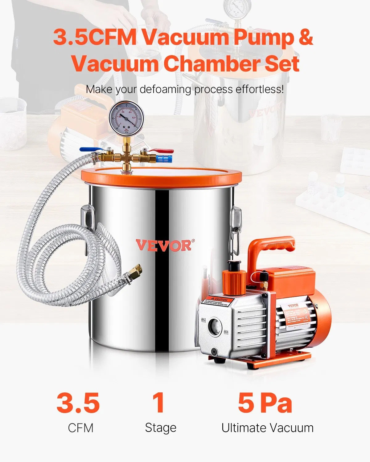 5 Gallon Vacuum Chamber and 3.5 CFM Pump Kit, Stainless Steel Chamber, Single St