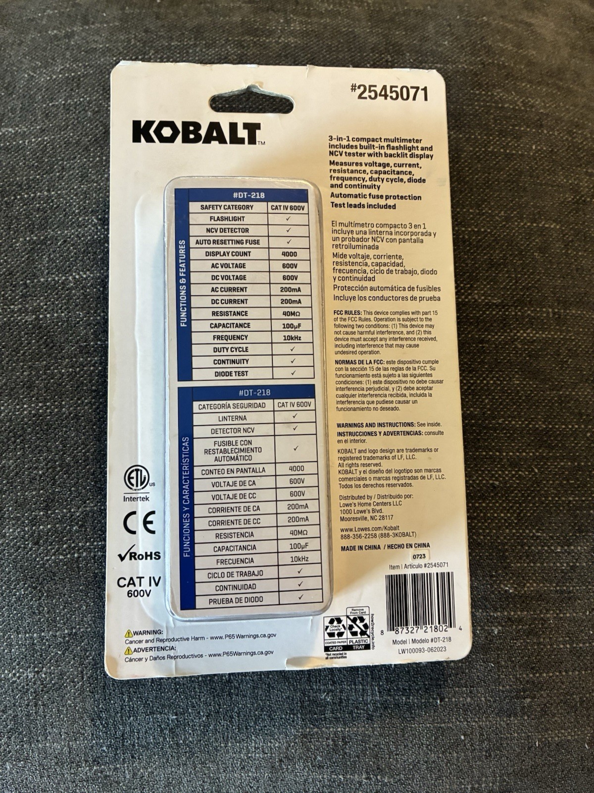 Kobalt 2545071 Compact Multimeter Cat IV 600v NCV Tester Flashlight