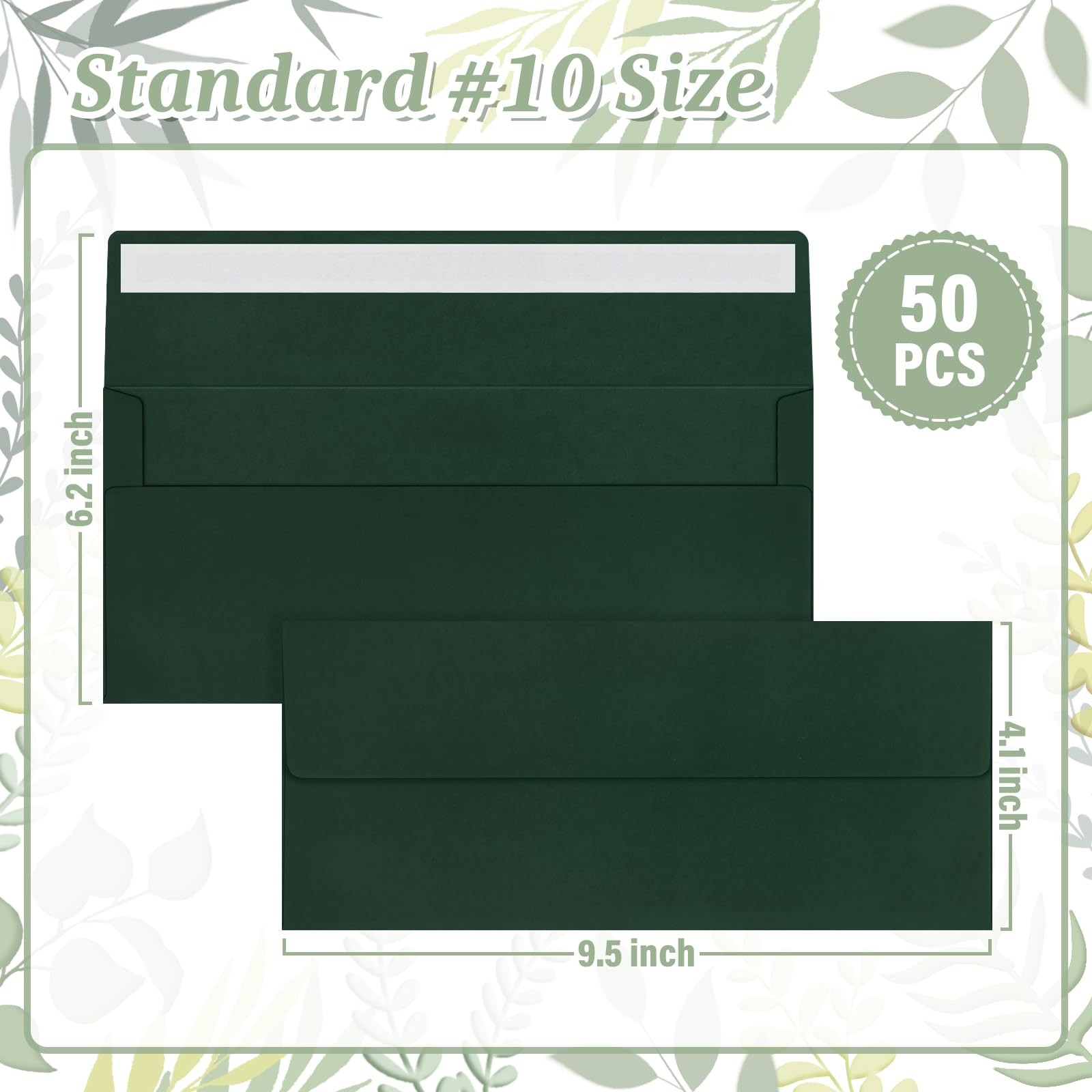 50 Pcs Dark Green #10 Business Envelopes, Self Seal Standard Envelopes, Windo…