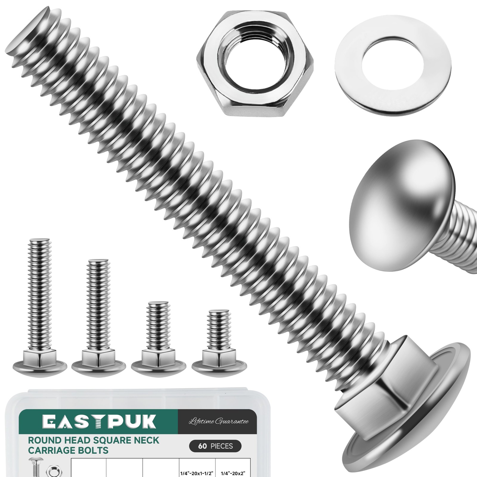 EASTPUK 60Pcs 1/4-20 Carriage Bolts Assortment Kit with Nuts and Washers, 304…