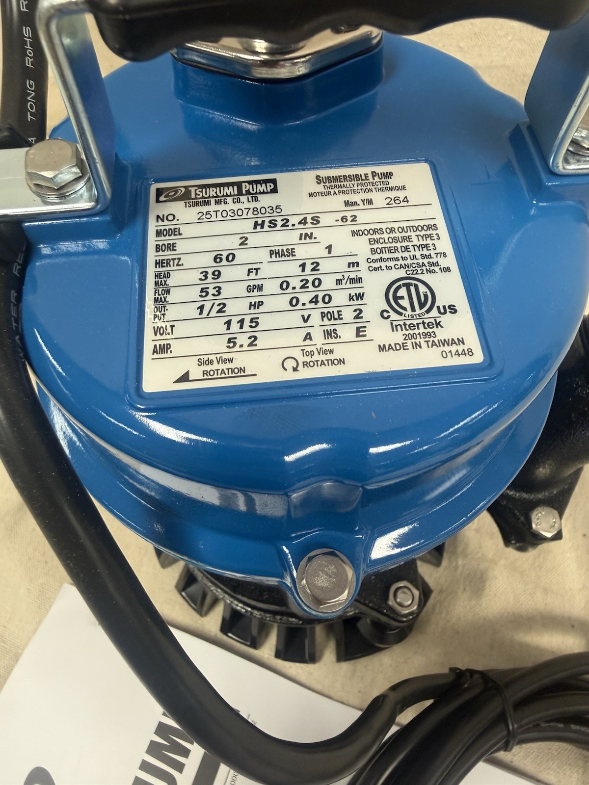 TSURUMI HS2.4S-62 (115V) Plug-In Utility Pump 1/2 HP 3320 RPM