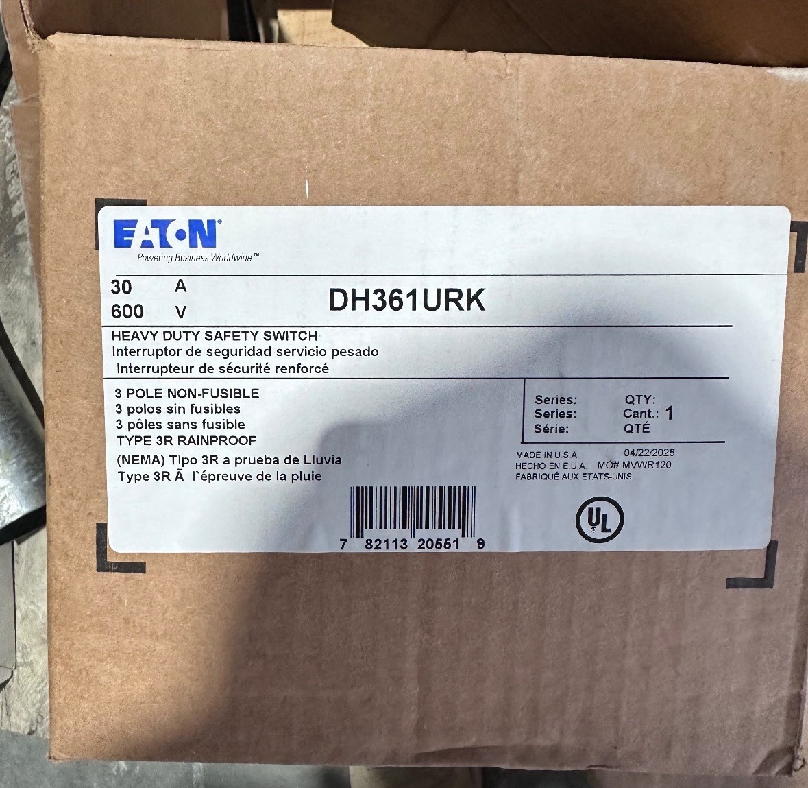Eaton DH361URK Heavy Duty Safety Switch 30A 600V 3-Pole Type 3R Weather