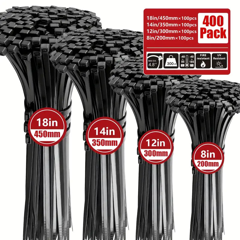 400pcs Cable Zip Ties Heavy Duty 18/14/12/8 In with 300 Pounds Tensile Strength