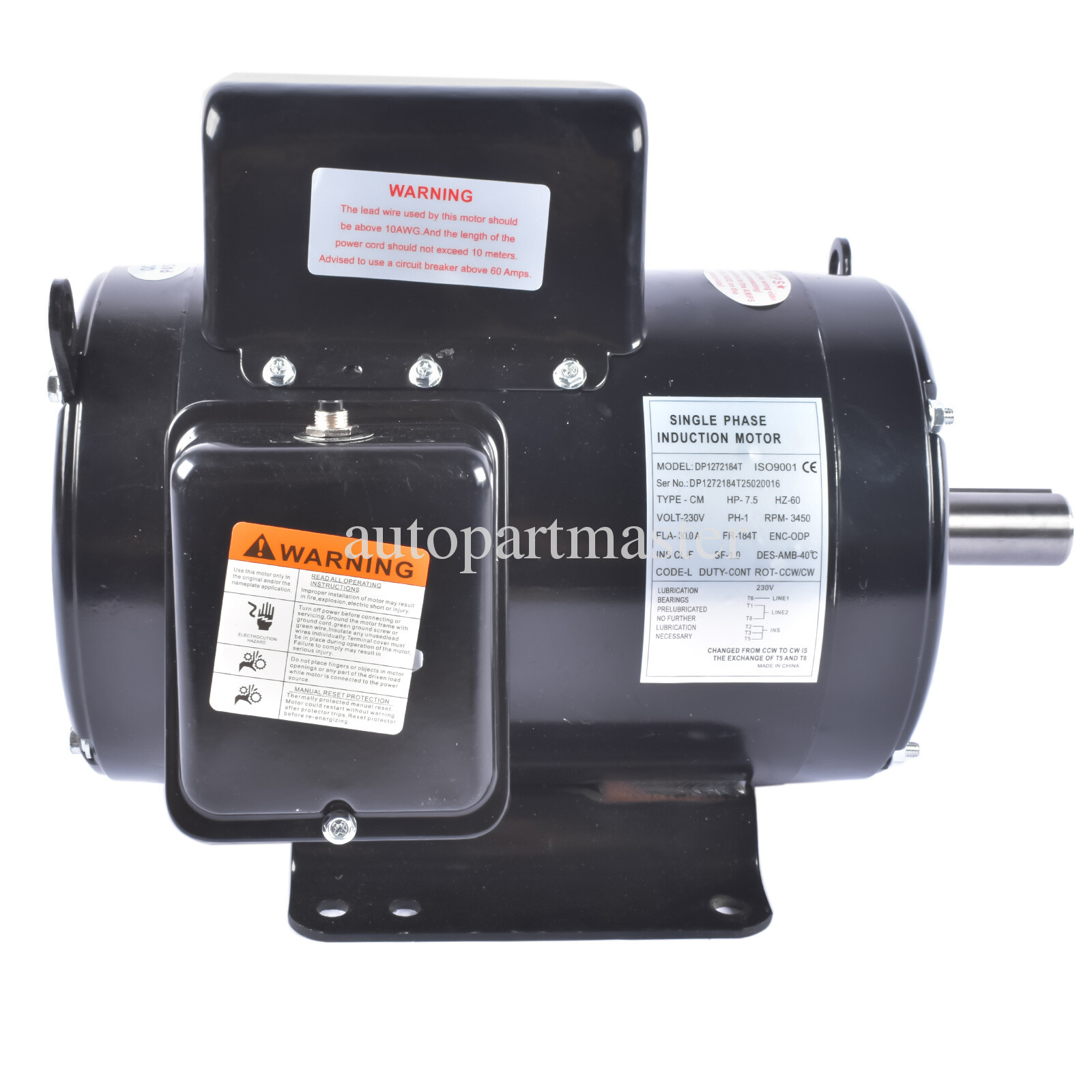 7.5HP 230V 31.6A 3450RPM Single Phase 184T Frame Air Compressor Electric Motor