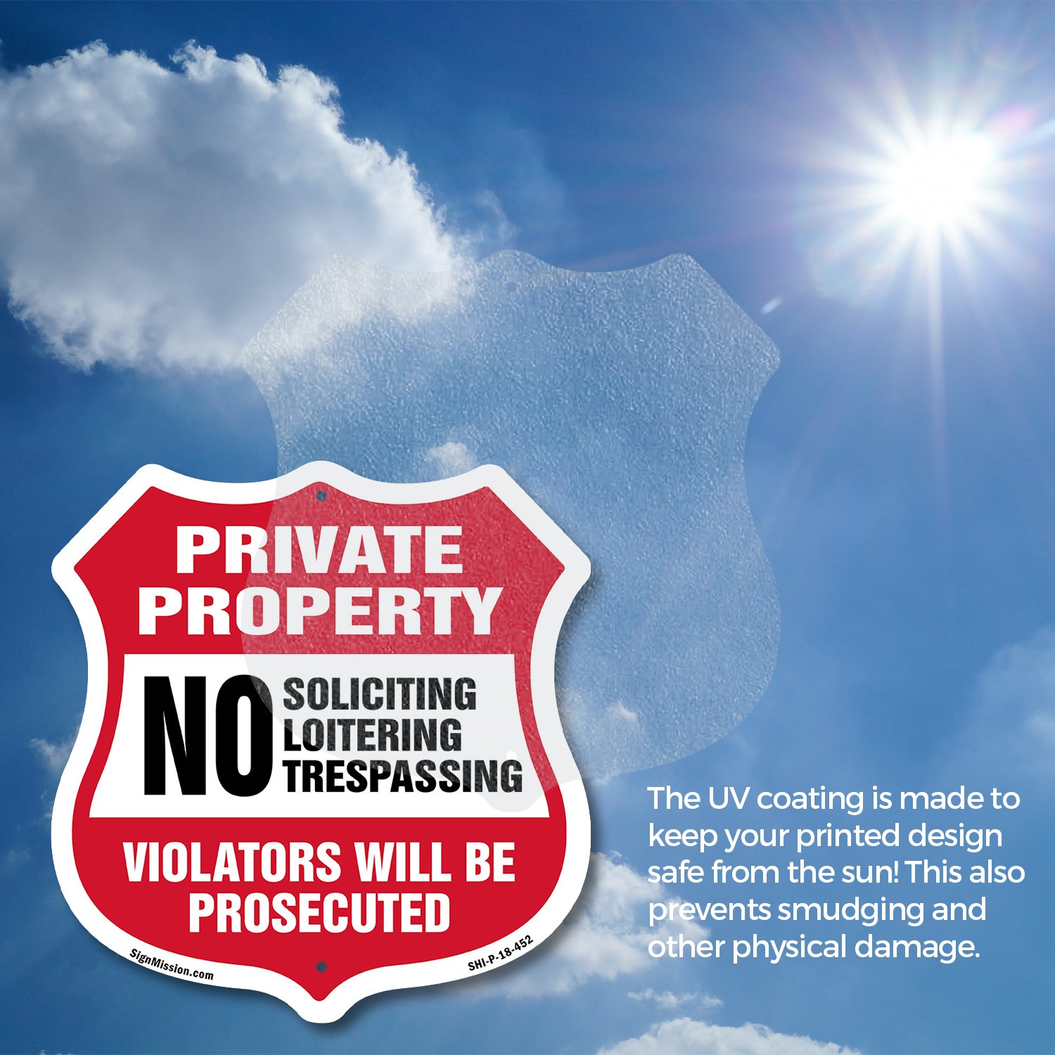 Private Property Shield Sign No Soliciting Loitering Trespas Shield Shaped Sign