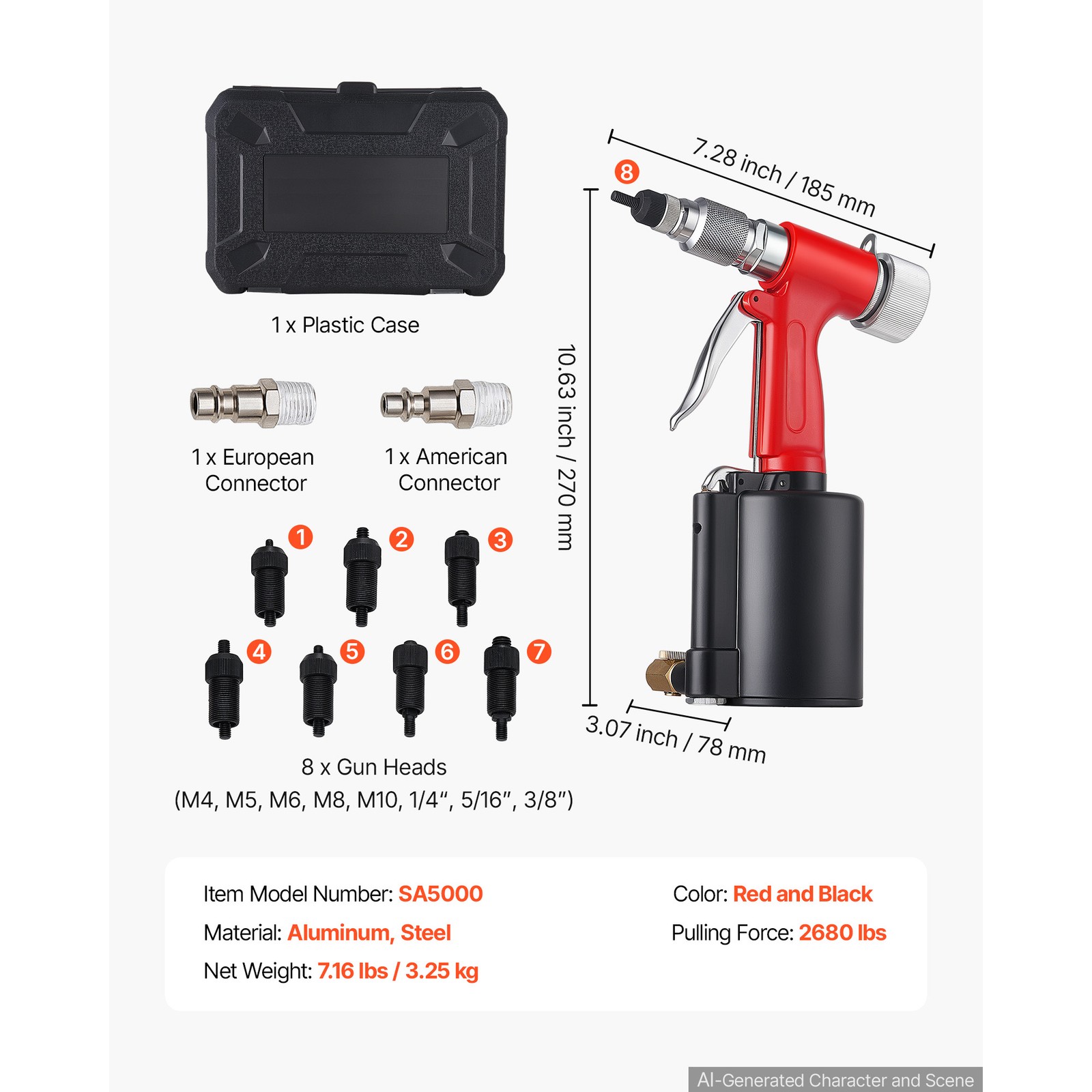 Uimoso Pneumatic Rivet Nut Tool Kit with 8 SAE & Metric Heads, 2680LBS Force
