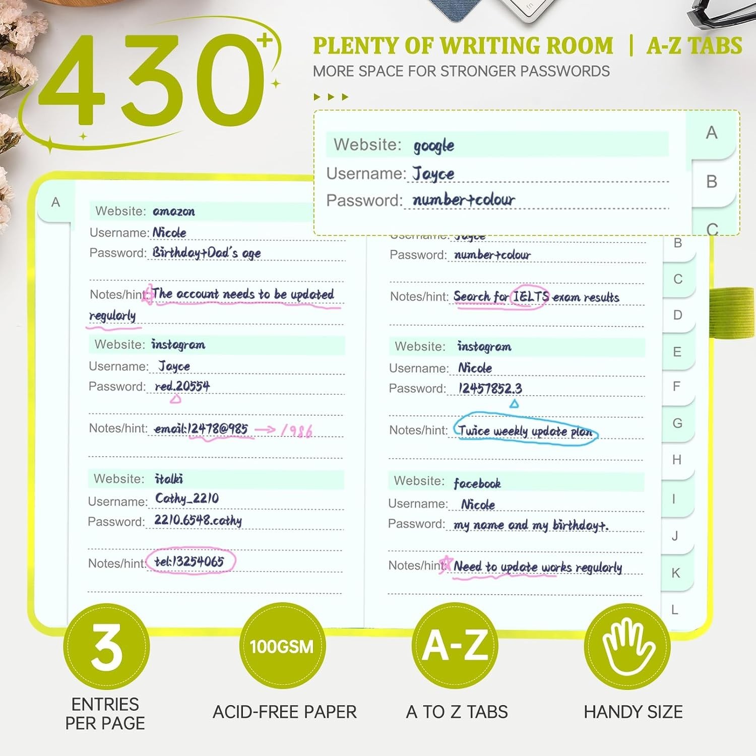 Password Book with Alphabetical tabs. 4.3″x5.7″ Internet Address Organizer Logbo