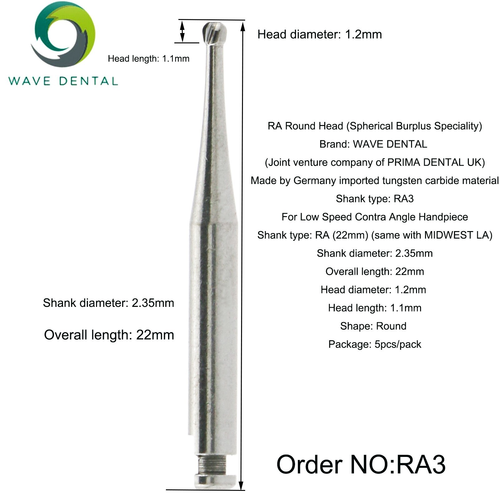 US WAVE Dental Burs Round Latch RA 2.35mm COXO Low Speed Contra Angle Handpiece
