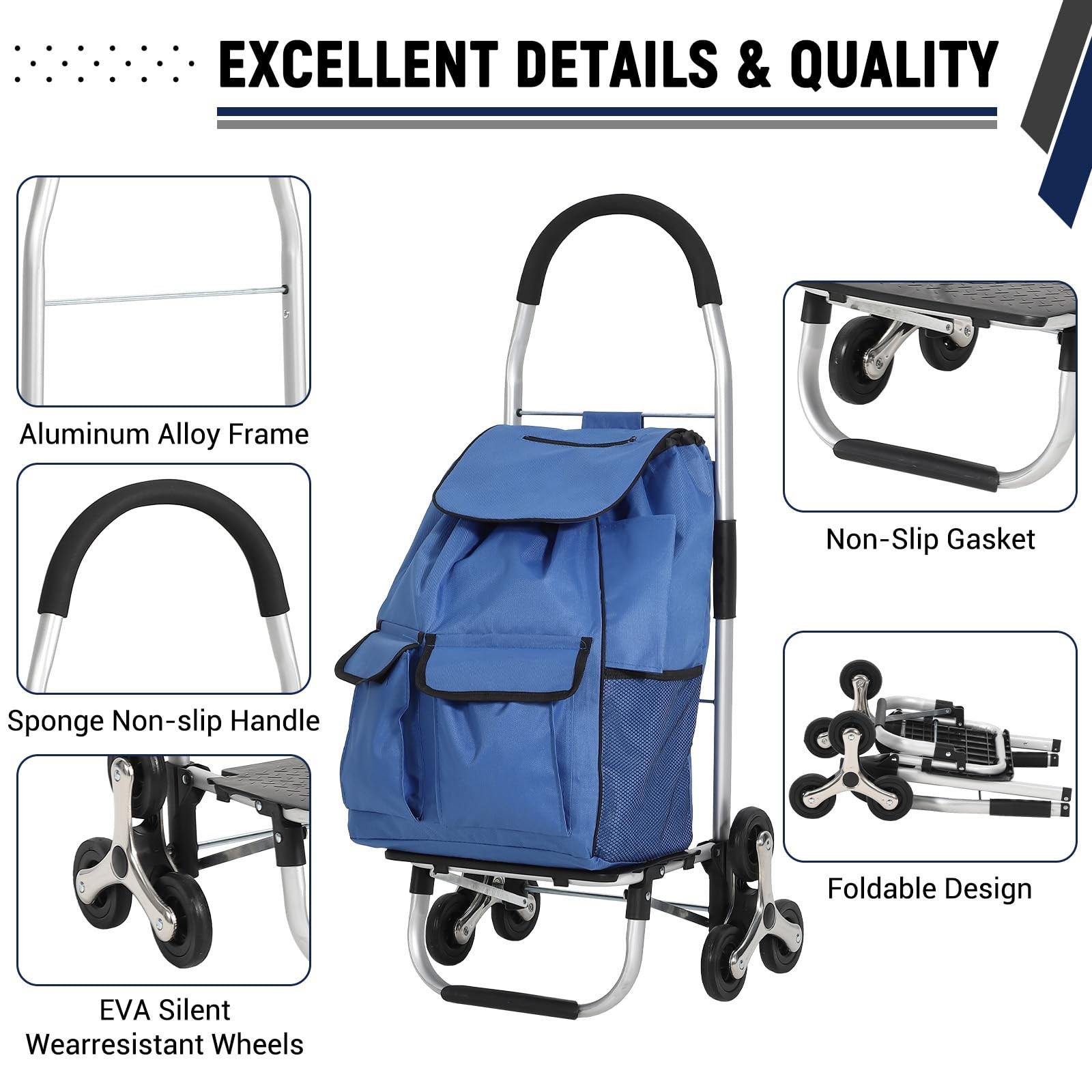 Folding Shopping Cart w/ 56L Removable Bag 150LB Stair Climbing Utility Cart