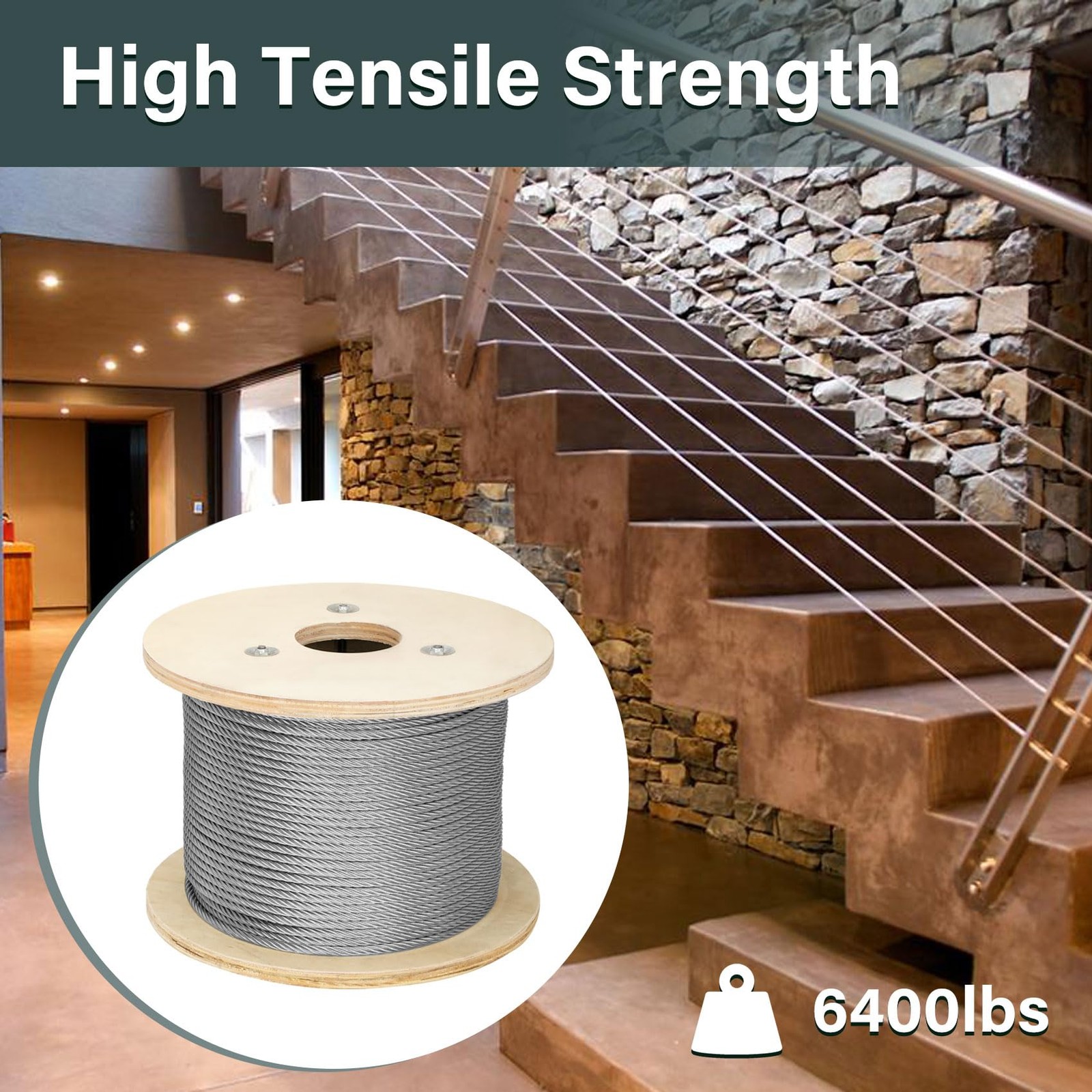 1/4IN 100FT Stainless Steel Cable (7×19 Strands), 6400 lbs Breaking Strength,…
