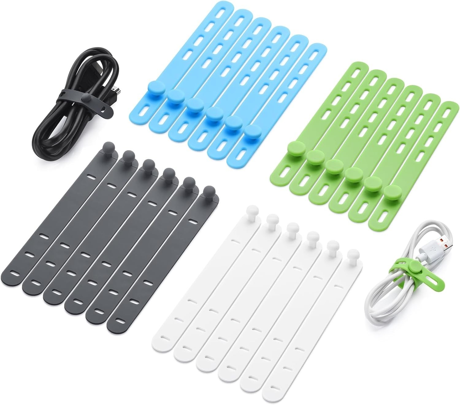 24 Pcs Silicone Cable Ties Cord Organizer 5in Reusable Wire Straps Blue Green